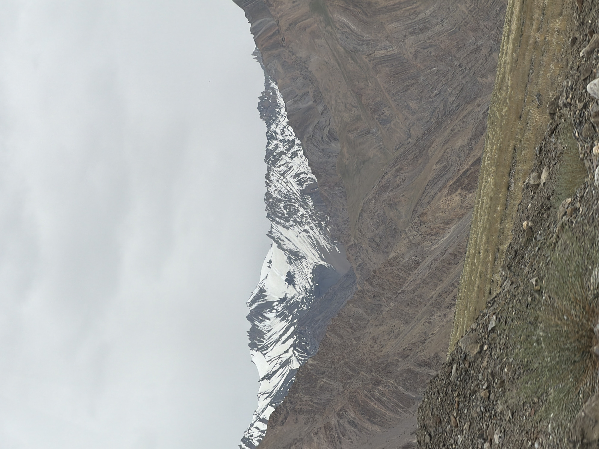 The image depicts a mountainous landscape with snow-capped peaks under an overcast sky. The foreground features a rocky slope covered with sparse, dry vegetation. The mid-ground consists of barren, brown hills with visible strata and erosion patterns. In the background, the majestic snow-covered mountains rise, their rugged contours accentuated by the muted lighting. The scene appears to be a natural, undeveloped environment, likely in a high-altitude region. The location is identified as Zangla, India. There are no people, objects, or actions depicted in the image; it is a static, environmental scene.