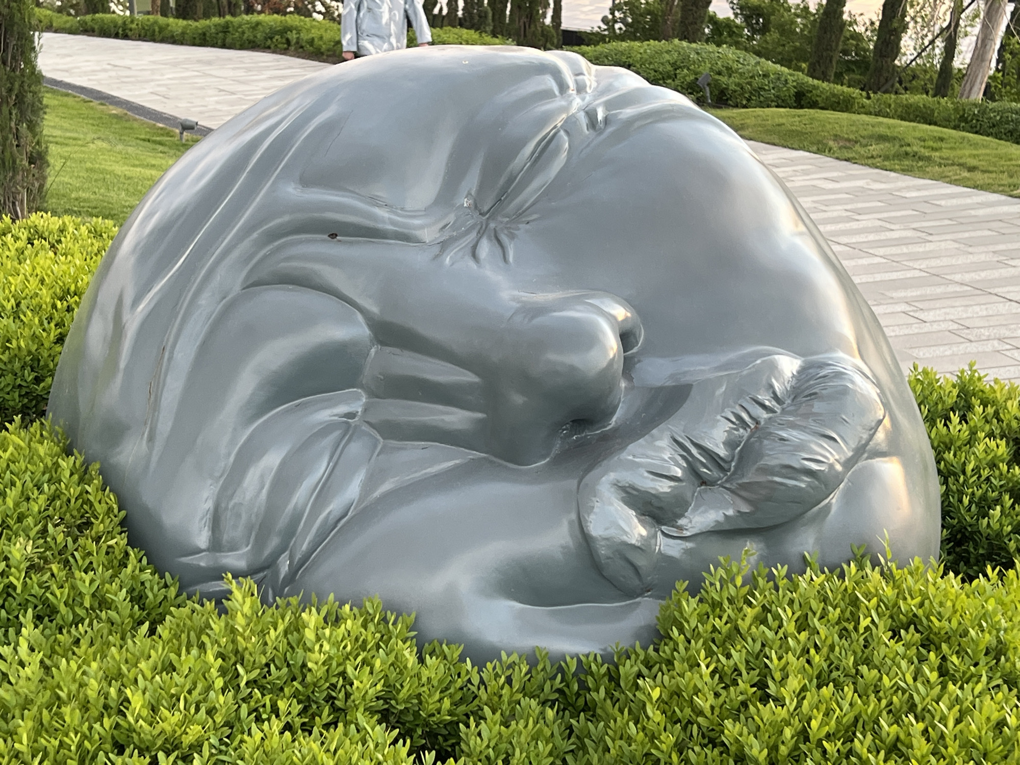 A close-up shot shows a large, gray sculpture of a human head resting on its side, nestled amidst dense green bushes. The sculpture's features are softly defined, suggesting a peaceful or sleeping face. In the background, a paved walkway leads away from the sculpture, with a person in a light-colored jacket walking along it. Trees and greenery surround the walkway. The sculpture is located in the city of Krasnodar, Russia.