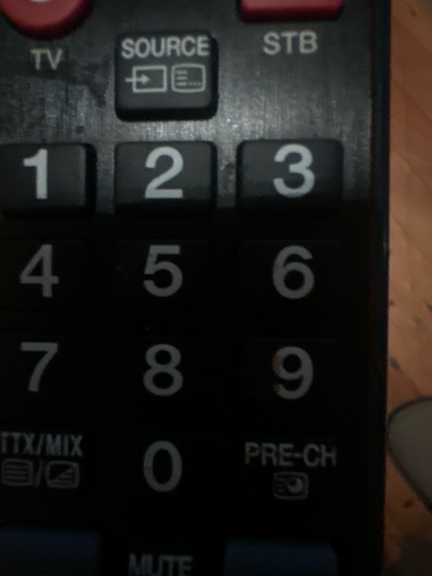 The image shows a close-up of a black remote control. The remote has several buttons with white text and symbols. Visible buttons include "TV", "SOURCE", "STB", numbers "1" through "9", "0", "TTX/MIX", "PRE-CH", and "MUTE". There are also icons below "SOURCE", "TTX/MIX", and "PRE-CH". The remote is oriented vertically and appears to be resting on a wooden surface, likely a floor or table. The lighting is dim, casting shadows. This image is not associated with the city of Rijeka, Croatia, as there is no contextual information to suggest such a location.