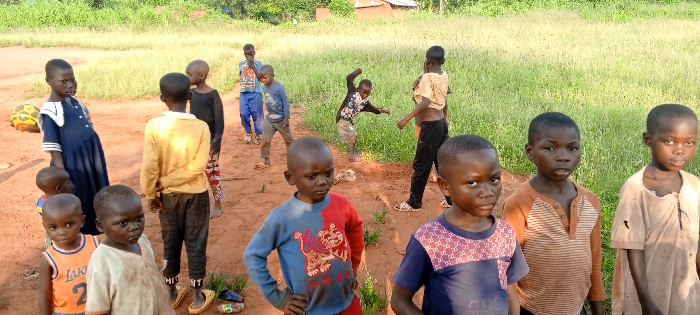 The image displays approximately fifteen children, predominantly boys, in an outdoor setting in Ngalula, Democratic Republic of the Congo. The scene is set on a reddish-brown dirt ground, flanked by tall green grass. In the distant background, dense green foliage and trees are visible, along with two small, simple structures featuring reddish-brown roofs.
In the foreground, eight children are positioned, most looking towards the camera. From left to right: a young boy in an orange "LAKERS 2" tank top, a younger boy in a light-colored short-sleeved top with dirt on his face, a boy in a blue and red long-sleeved shirt with a graphic, a boy in a dark blue short-sleeved patterned shirt, a boy in a brown and white striped long-sleeved shirt, and a boy in a tattered light-colored long-sleeved shirt. A small child's head is partially visible behind the first boy.
In the mid-ground, a young girl in a dark blue dress with a white collar stands left of center, near a deflated yellow and black object. Other children in the mid-ground are in various states of movement or play: a boy in a black patterned shirt is captured mid-motion with raised arms, and another boy in a light brown shirt and dark pants is also in motion. A boy in a yellow long-sleeved shirt and dark pants stands with his back partially to the camera. In the background, two more boys are visible, one in a light blue shirt looking left, and another in a light-colored top. A green plastic bottle lies on the dirt ground near the foreground children. The scene is illuminated by natural daylight.