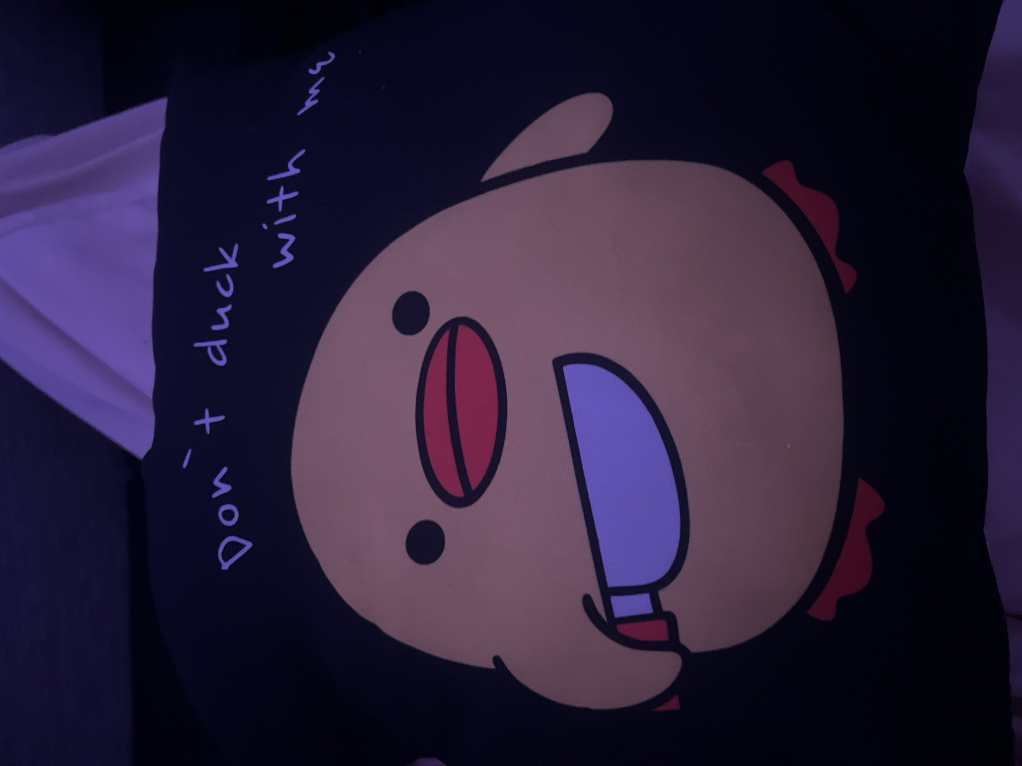 The image shows a black pillow with a cartoon duck design. The duck is yellow with red and blue features, including a knife in its mouth. The text "Don't duck with me" is written on the pillow. The pillow appears to be lying on a bed or other soft surface. The location is not Saint Petersburg, Russia.