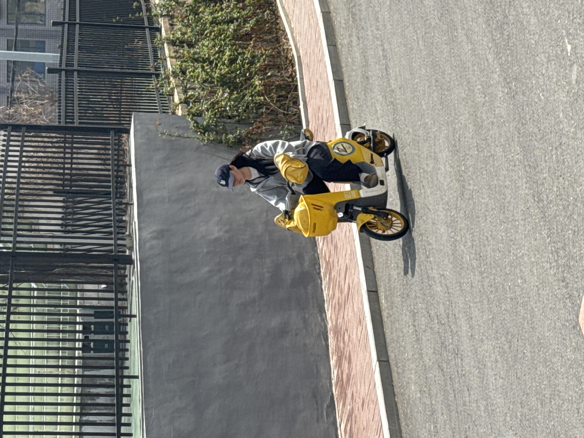 A person is shown standing next to a bright yellow electric scooter or moped on a sunny day. The person is wearing a light grey hooded top, dark trousers, a blue baseball cap, and yellow arm coverings or gloves, and is leaning forward as if attending to the vehicle or preparing to ride.
The scooter is predominantly yellow with black details, including a black seat, black tires, and yellow wheel rims. A circular emblem featuring a letter-like symbol, possibly a 'V', is visible on the front of the scooter's body.
The scene takes place on a paved grey road with a noticeable texture. A sidewalk made of light reddish-brown brick pavers, bordered by a white curb, runs alongside the road. In the background, there is a tall, plain dark grey concrete wall. Beyond this wall, a dark metal fence stands in front of a dense section of green leafy bushes or foliage. Faint architectural elements of buildings are visible further in the distance behind the vegetation. Bright sunlight casts clear shadows of the person and the scooter onto the road, indicating a clear, daytime setting. No distinct text is clearly visible on any objects in the image.