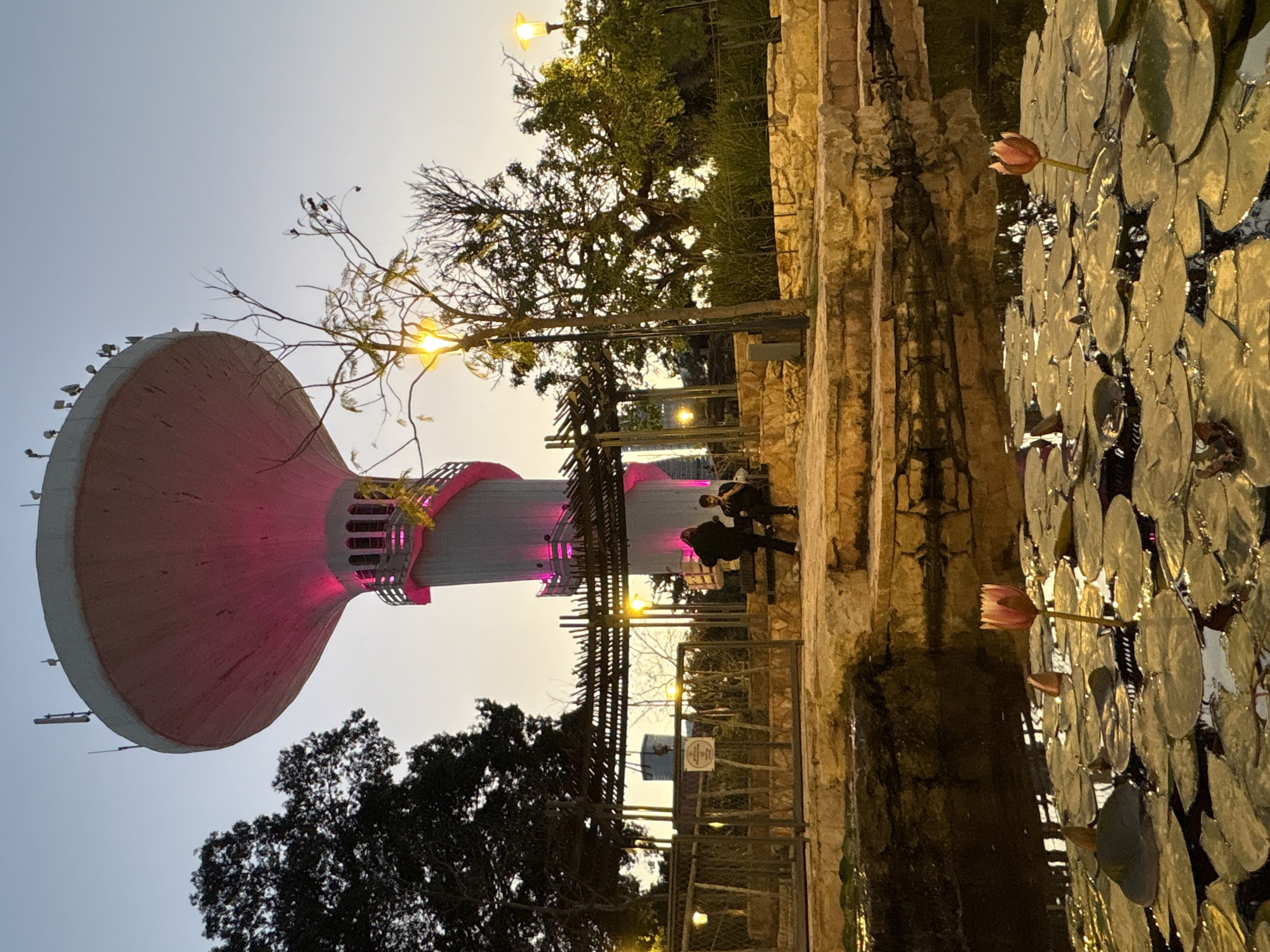 The image shows a view in Ramat Gan, Israel, featuring the city's iconic water tower. The tower, illuminated with pink light, stands prominently against the sky. Trees are visible surrounding the tower. Adjacent to the tower and trees is a pond with lily pads and flowers. Two people are seated near a stone wall and wrought iron fence. Streetlights provide additional illumination.