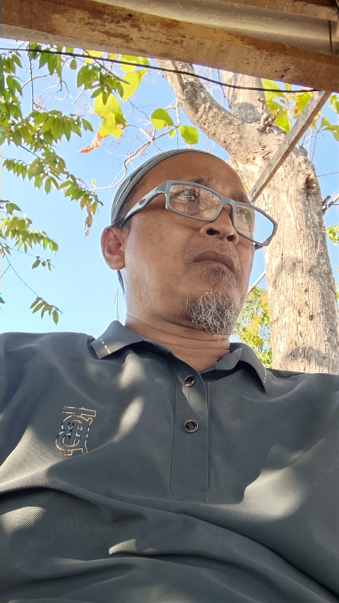 A man wearing glasses, a grey cap, and a dark grey polo shirt is pictured from the chest up, seated outdoors under a structure with a wooden roof. The man has a light grey beard and is looking to his right, away from the camera. In the background, a large tree trunk with rough bark and a bright blue sky are visible, along with green foliage from a tree. Sunlight casts shadows across the man's shirt. The location is identified as Dahanrejo, Indonesia.
