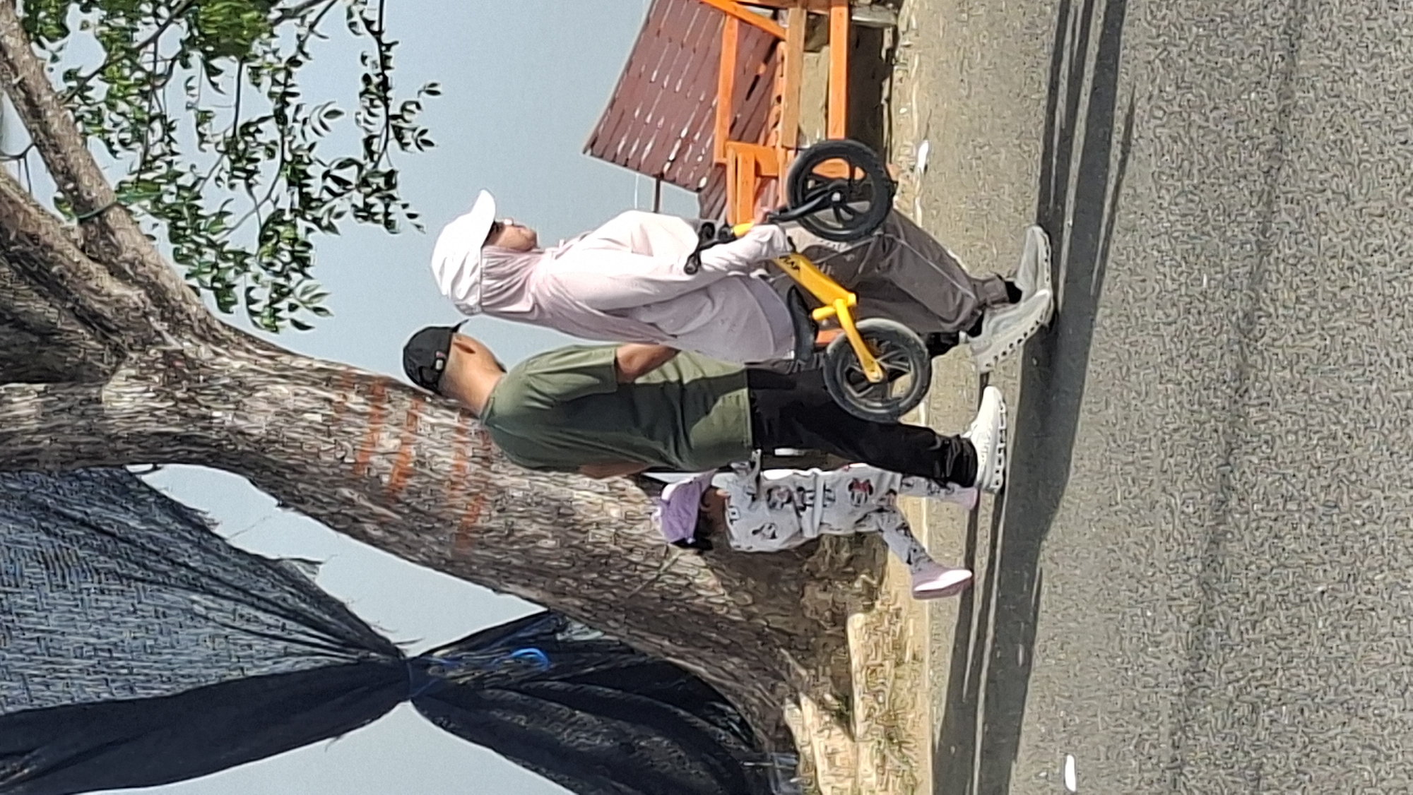 In Lhokseumawe, Indonesia, a family walks outdoors on a paved surface. A man in a green t-shirt and black cap walks to the left of the frame, while a woman in a pink hijab and white cap walks to his right. She carries a small yellow balance bike. A young child in a white pajama set with animal prints and a purple hat walks ahead of them to the left. Behind them, a large tree with a textured trunk stands tall, partially obscured by a black tarp. In the background, a wooden bench with orange accents is visible. The sky is clear and pale.