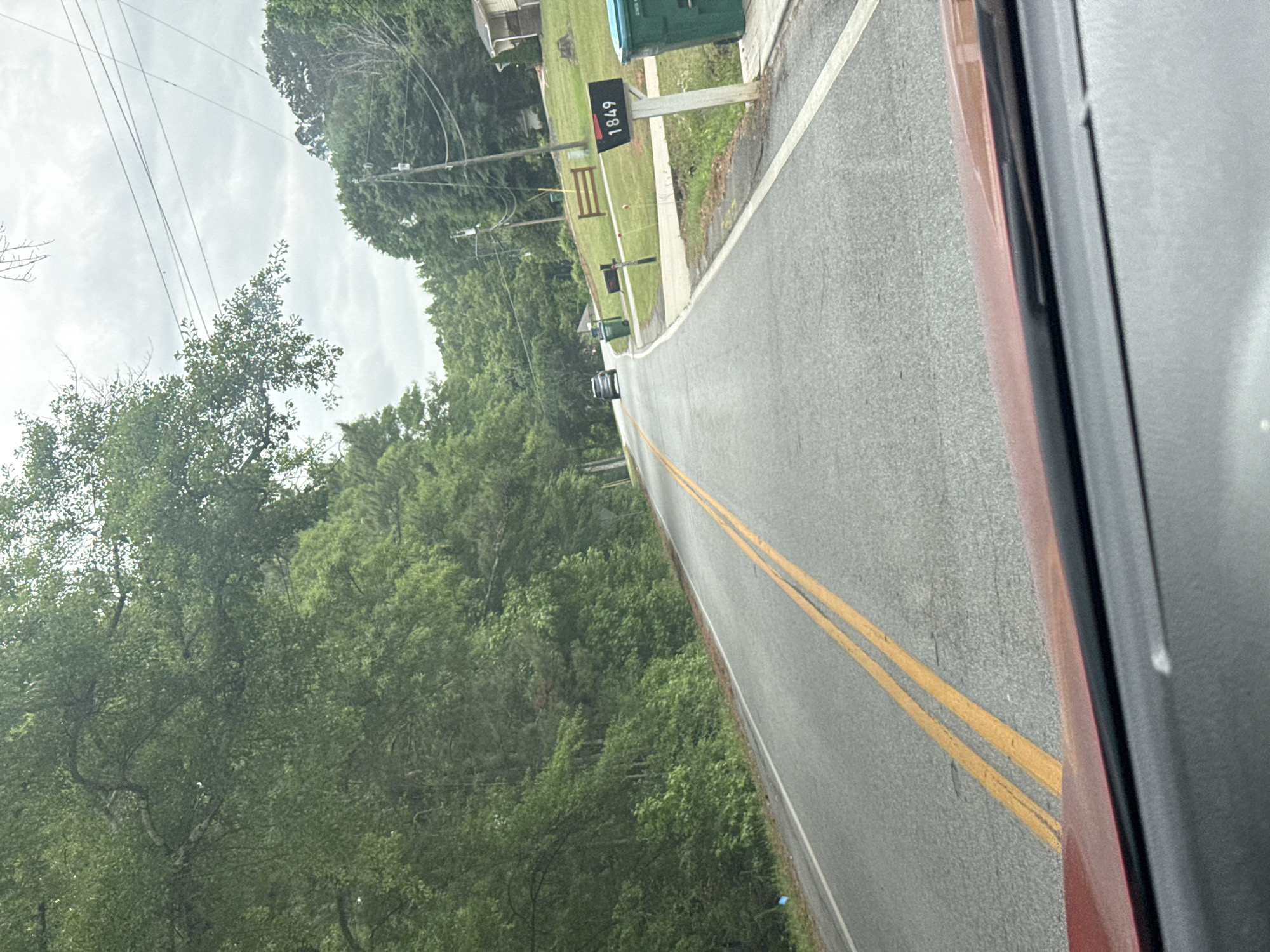 A street scene in Mountain Park, United States of America, captured from a moving vehicle. The view is from the passenger side, with a portion of the car frame visible on the right. A paved road stretches ahead, marked with double yellow lines. The roadside features mailboxes displaying house numbers; one visible mailbox shows "1849". Green trees are abundant on the left, and power lines crisscross the sky. A car is visible driving on the road in the distance. The sky is overcast.