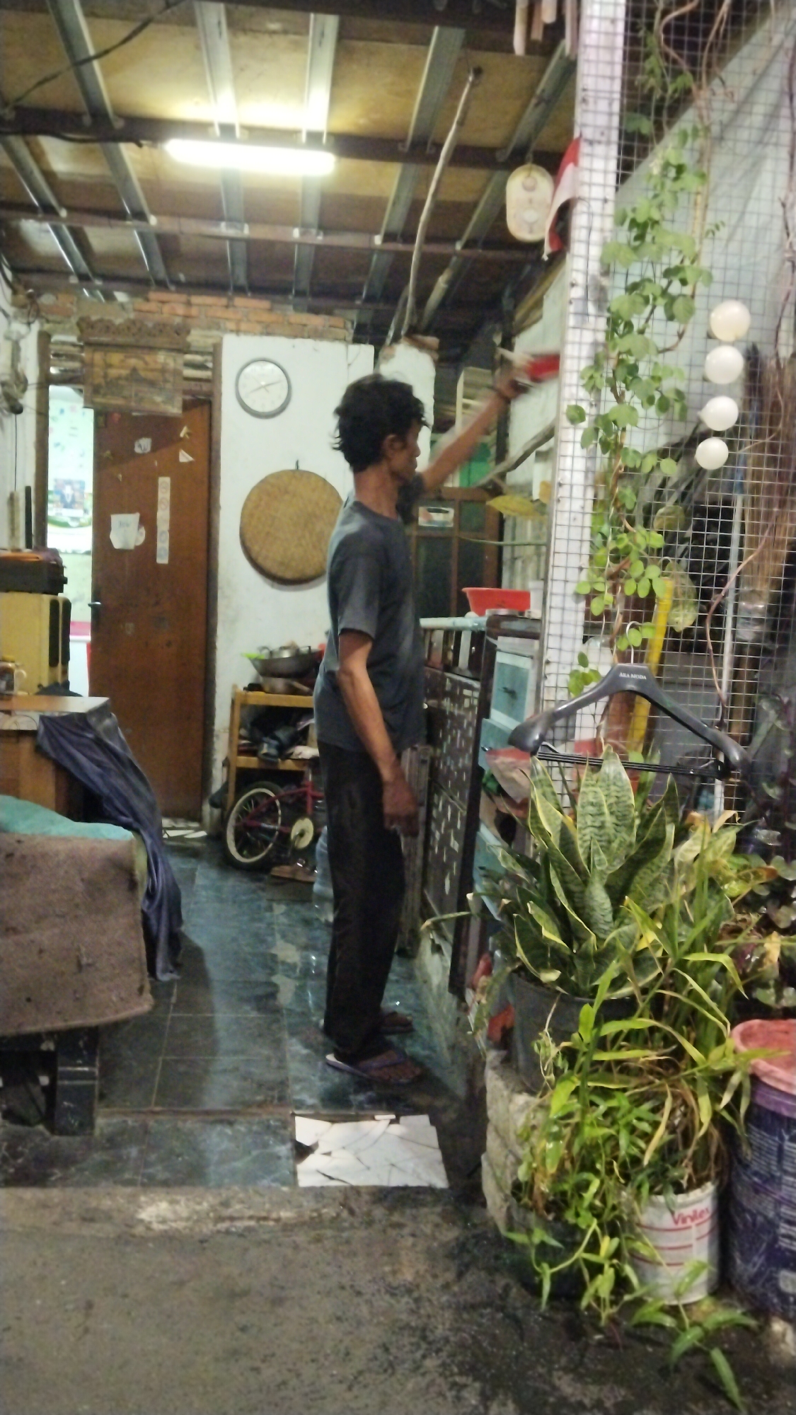The image depicts an indoor scene, likely a workshop or storage area, located in South Tangerang, Indonesia. A man, appearing to be of adult age, is standing in the center of the frame, facing towards the right. He is wearing a dark t-shirt and dark pants. His right arm is extended upwards, holding an object that is out of frame, and he appears to be in the process of watering or tending to something.
The environment is cluttered with various objects. To the left, there is a large, dark-colored piece of furniture covered with a brown textile. Further to the left and background, a wooden door with a handle is visible, along with some shelves containing items. A round, woven object hangs on the wall behind the man. In the foreground and to the right, a collection of potted plants is arranged, with one plant in a white cylindrical container labeled "Vinnie". Beyond the plants, there is a mesh-like structure, possibly a cage or enclosure, with green vines growing on it. The floor is a reflective, dark tile with some lighter patches. The ceiling is constructed of exposed metal beams and panels, with a fluorescent light fixture illuminating the space. The overall impression is one of a functional, lived-in space rather than a pristine environment.