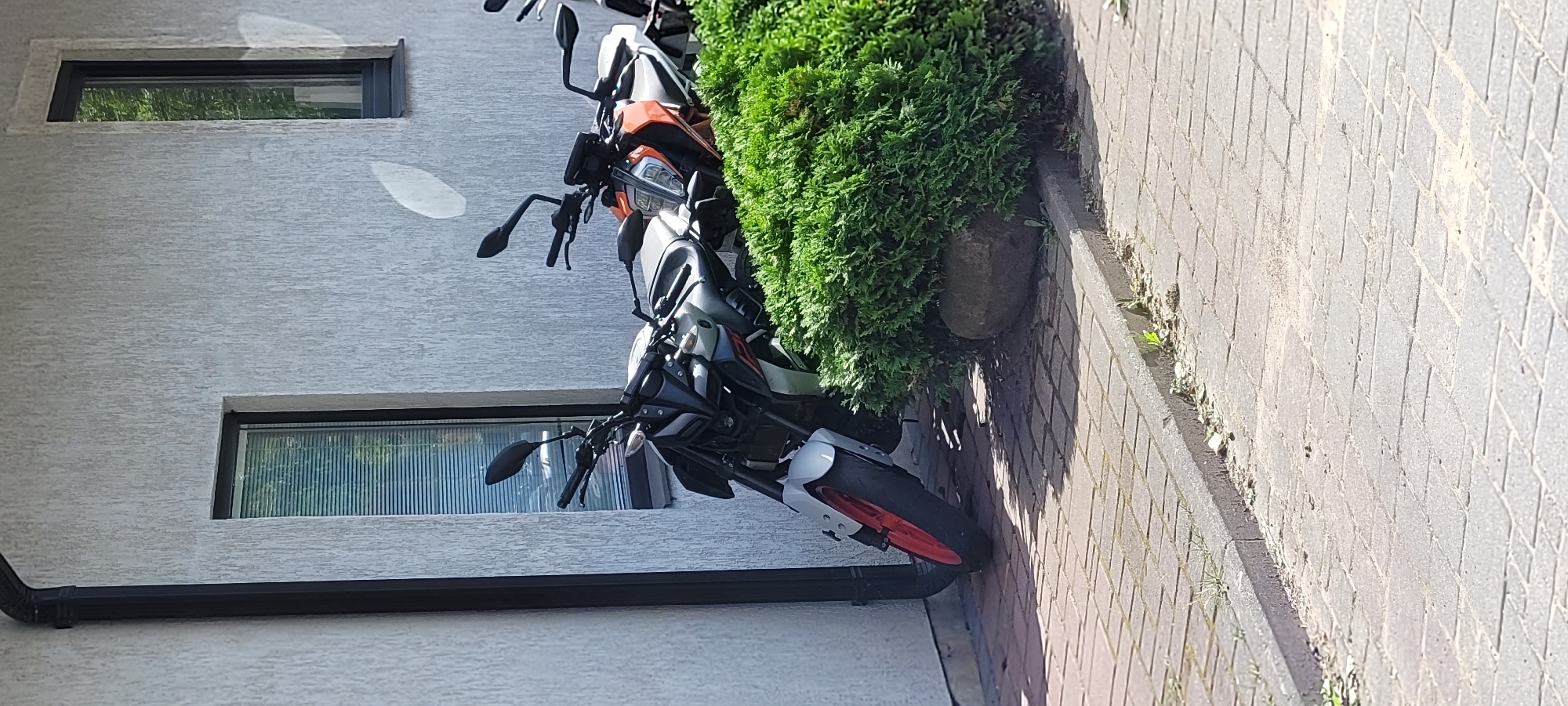 The image shows two motorcycles parked on a paved walkway next to a building. The building has a textured light gray exterior wall and two narrow windows. One window has blinds. A black downspout runs along the left side of the building. In front of the motorcycles is a dense green shrub. A large, rounded gray stone is partially visible behind the shrub. The walkway is made of interlocking gray pavers. The scene appears to be outdoors on a sunny day, with shadows cast on the walkway. There are no people visible in the image.
It is not possible to determine the exact location in the city of Riga, Latvia, based solely on the visual information provided in the image.