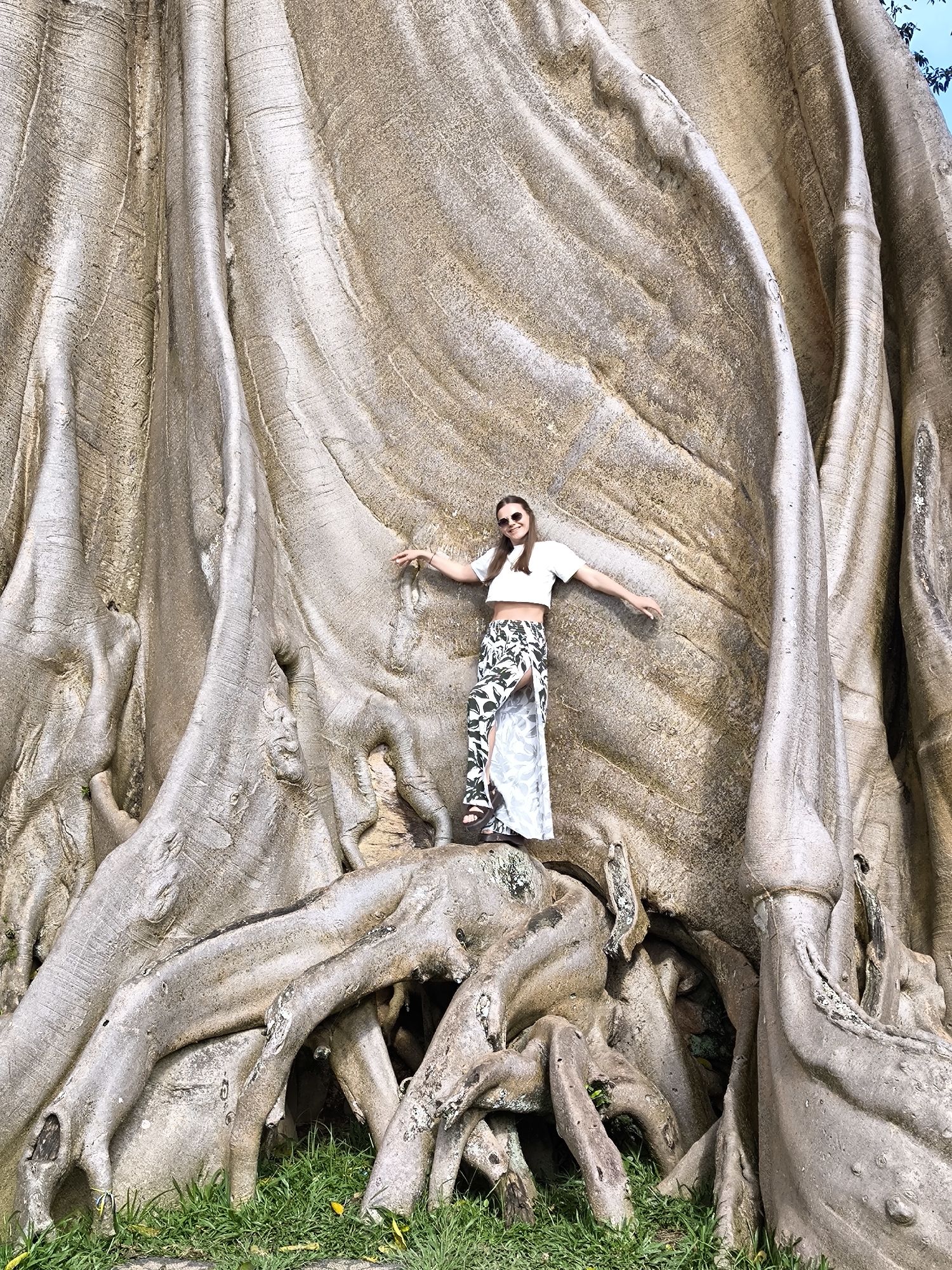 A full shot depicts a woman posing on the roots of a large tree in Tua, Indonesia. The tree, likely a Kapok tree, has a light brown, smooth trunk and exposed roots that spread across the ground. The woman stands facing the camera with her arms outstretched. She wears a white crop top, a long, patterned skirt with a slit, and sunglasses. Green grass grows beneath the roots of the tree. The sky is visible in the top right corner.