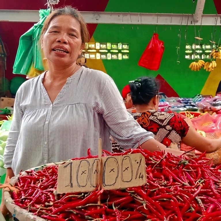 The image captures a market scene in Medan, Indonesia. In the foreground, an Indonesian woman stands behind a large basket overflowing with bright red chili peppers. A handwritten cardboard sign displays the price of 100,000 Indonesian Rupiah per portion. The woman is wearing a light-colored, striped shirt. Behind her, another woman is visible, wearing a red and black patterned top. In the background, one can see a colorful market stall setup with green and red painted walls, hanging plastic bags, and bunches of bananas.