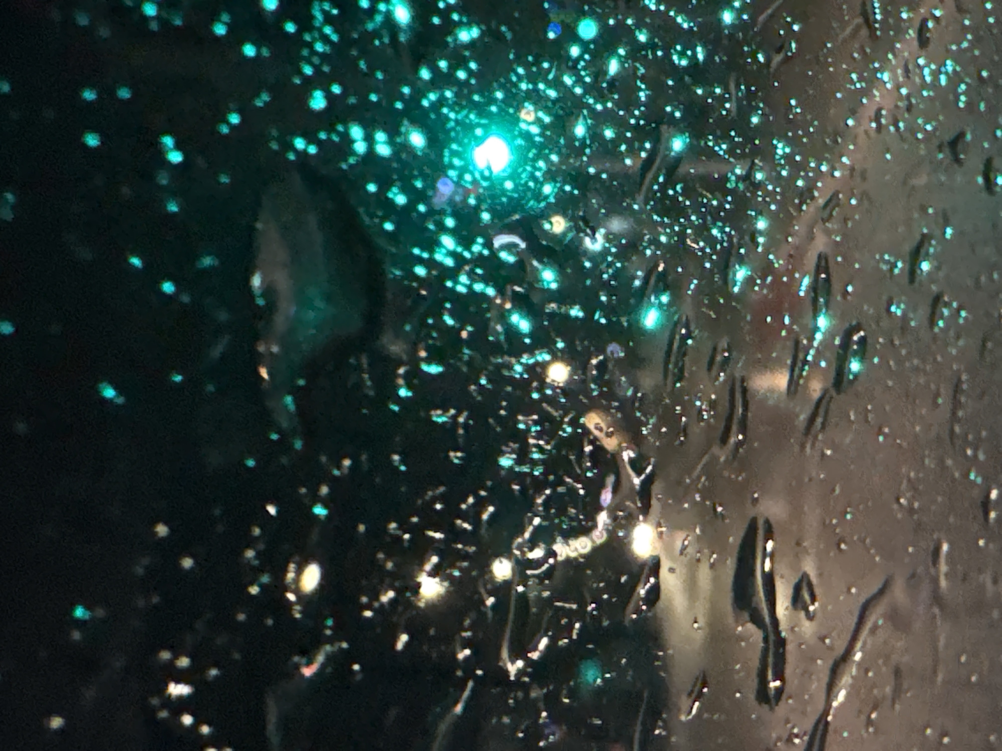 The image appears to show a view through a rain-covered window at night. The scene is dominated by droplets of water on the glass, which distort the lights visible in the background. The blurred lights suggest an urban environment, possibly a street scene. One distinct green light is prominent in the upper center of the image. Other lights, including white and yellow ones, are scattered throughout the background, further suggesting a city environment. Due to the lack of specific landmarks or identifying features in the image, it is impossible to confirm it's location as the city of Budva, Montenegro.