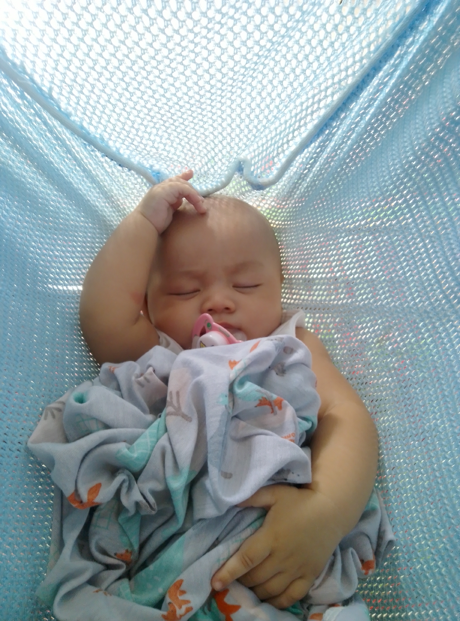 A baby is sleeping in a hammock. The baby is wrapped in a light blue and white swaddle with orange and green animal prints. The baby has a pacifier in its mouth. The hammock is made of a light blue mesh material. The background is a bright, out-of-focus white. The image is taken from above, looking down at the baby. The lighting is natural and appears to be from an overhead source.