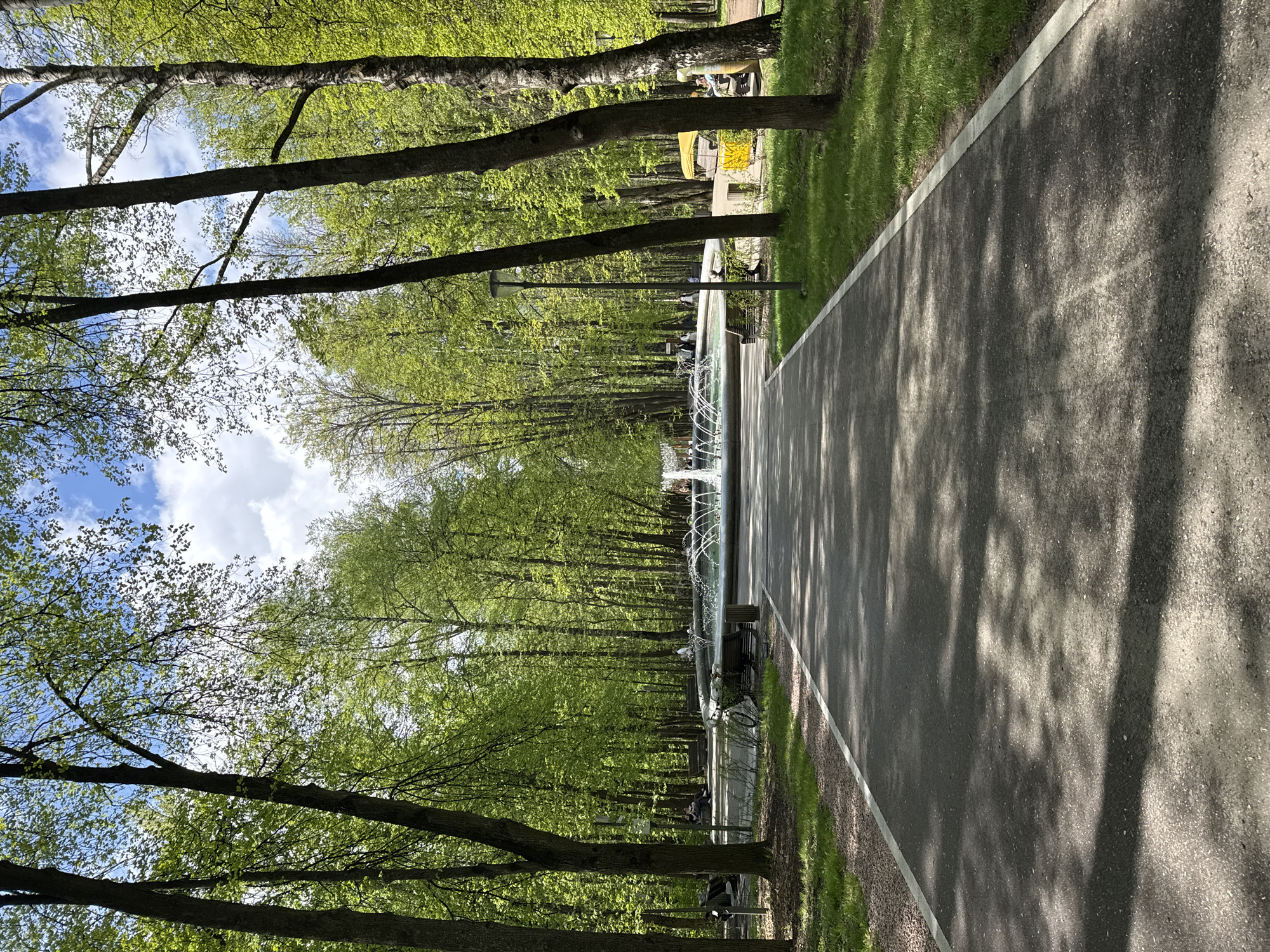 The image shows a park in Nizhny Novgorod, Russia. A straight paved walkway runs lengthwise through the image, with rows of trees lining both sides, creating a green canopy overhead. A fountain is visible in the center of the park. There are benches placed along the walkway, and tree shadows are cast on the pavement. The sky can be seen through the tree canopy. In the background, there is a yellow object, possibly a vehicle or play structure.