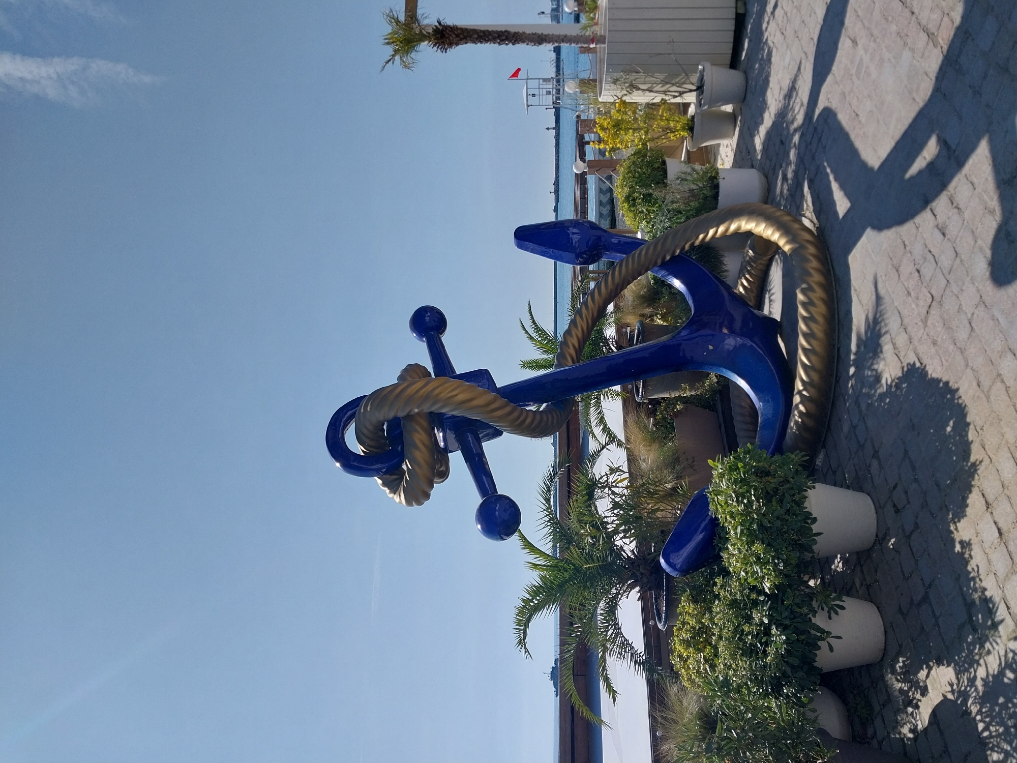 The image displays a vibrant outdoor scene, likely a promenade or coastal area in Sochi, Russia, under bright sunshine. The central subject is a large, decorative blue anchor, artistically entwined with a thick, gold-colored rope. This sculptural piece is surrounded by lush green foliage in white potted planters, which line the paved ground.
In the background, a clear blue sky with a faint wispy cloud stretches above a calm blue sea. A tall palm tree is visible on the left side of the frame, and further across the water, a structure, possibly a pier or lifeguard station, can be seen with a small red flag at its peak. A distant ship or boat is faintly visible on the horizon.
The paved ground, possibly cobblestones or pavers, shows strong, elongated shadows from the anchor, plants, and other objects, including a distinct human-like shadow, indicating bright sunlight and either mid-morning or late afternoon. No text is visible in the image.