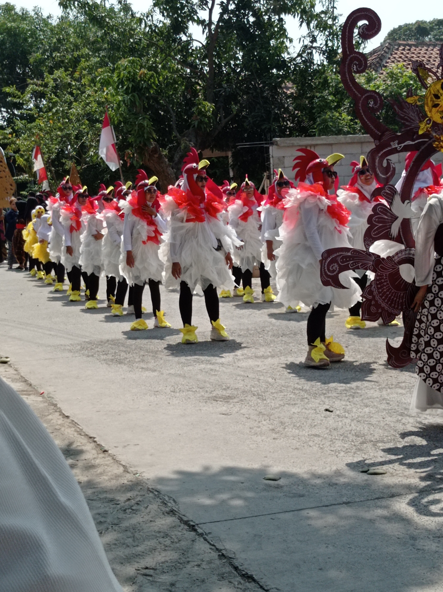 In Maribaya, Indonesia, a parade is underway with participants dressed in elaborate rooster costumes. The costumes consist of white ruffled dresses with red neckpieces and red rooster-like headpieces with yellow accents. The participants are walking in a line on a paved road, with trees and buildings visible in the background. Some participants are wearing sunglasses. Several Indonesian flags are also visible, adding a patriotic element to the scene. The parade appears to be a festive cultural event.