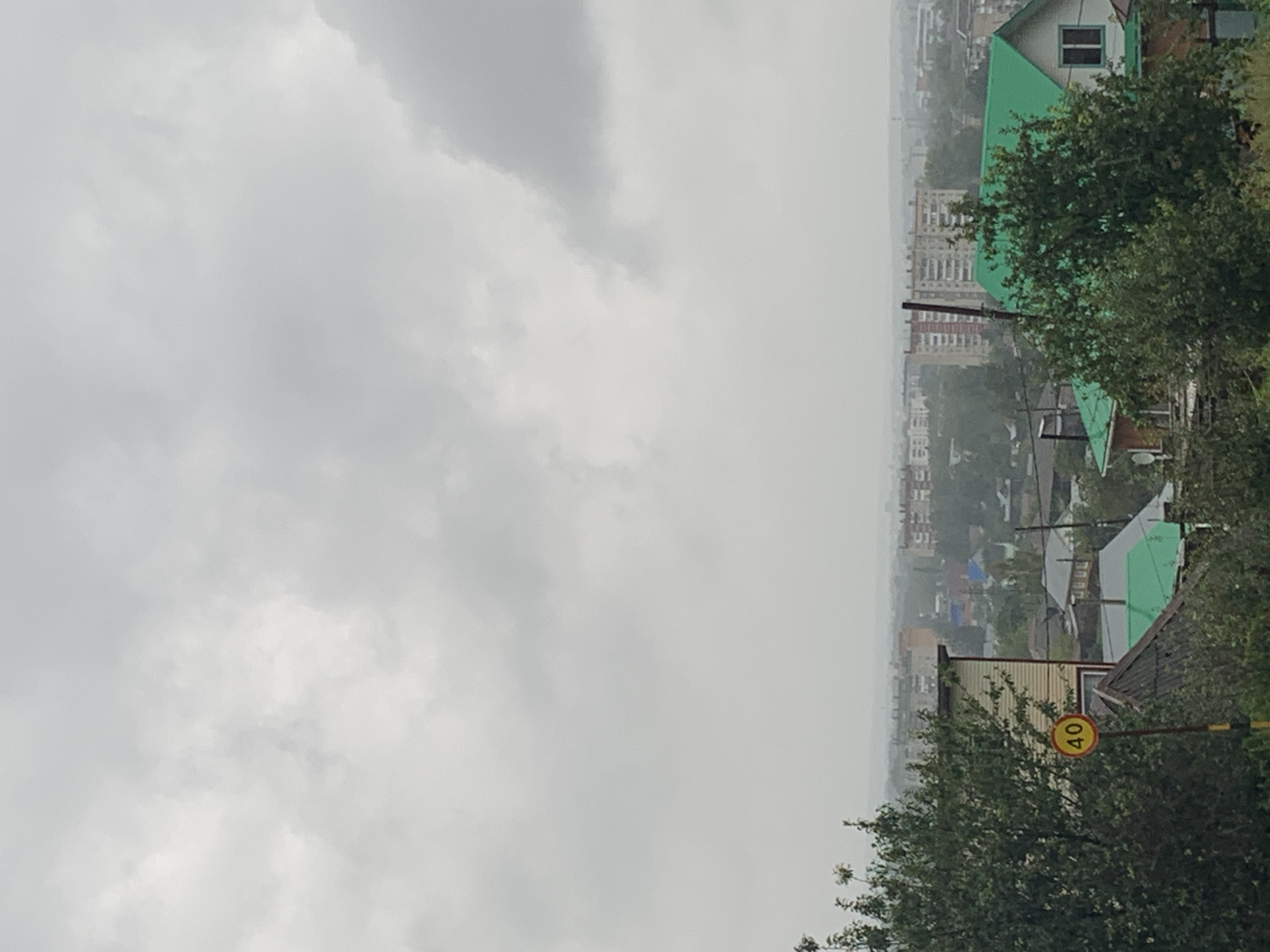 The image depicts a view of the city of Asha, Russia, on an overcast day. The sky is filled with dense, grey clouds, suggesting impending rain or a generally gloomy atmosphere. In the foreground, a yellow circular speed limit sign indicating "40" is visible on a pole. Partially obscuring the view of the city are several trees with lush green foliage. Beyond the trees, a collection of buildings can be seen, ranging from smaller houses with brightly colored roofs (one prominently features a green roof) to larger, multi-story apartment buildings in the distance. The overall impression is of a residential area within a city, possibly on a slightly elevated vantage point given the panoramic view. There are no people visible in the image.