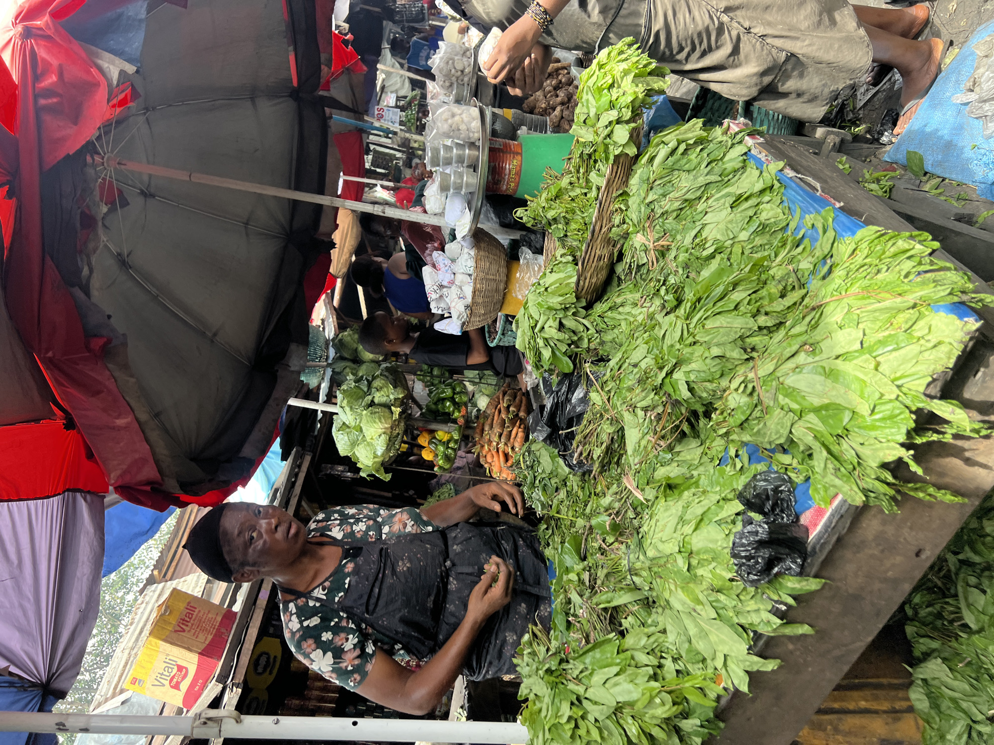 The image depicts a vendor at a market stall in Nkpor, Nigeria. An African woman wearing a floral-patterned shirt and black apron is situated behind a display of leafy green vegetables. The vegetables are bundled and arranged on a blue surface. Other produce, including cabbages, peppers, and carrots, are visible in the background. The vendor appears to be sorting or arranging the vegetables. Overhead, a patchwork of umbrellas provides shade. Boxes are stacked under the stall, including one with "Vitali Tomato Ketchup" branding. Other vendors and shoppers are visible further in the background.