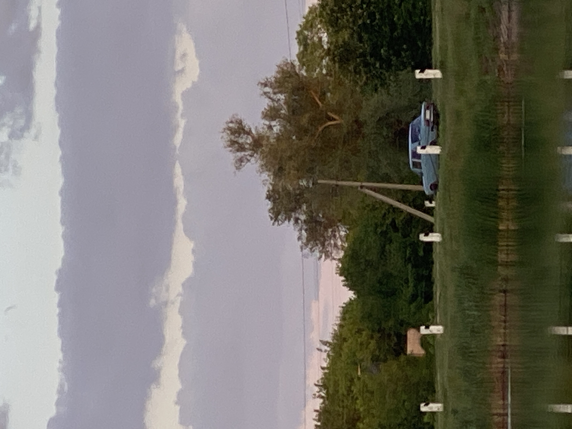 The image shows an overcast sky above a rural scene in Ustyvytsia, Ukraine. A tree line and grassy bank run horizontally across the frame. A row of white posts reflects in a body of water, possibly a river or pond, in the foreground. An electric utility pole stands near a pale blue vehicle.