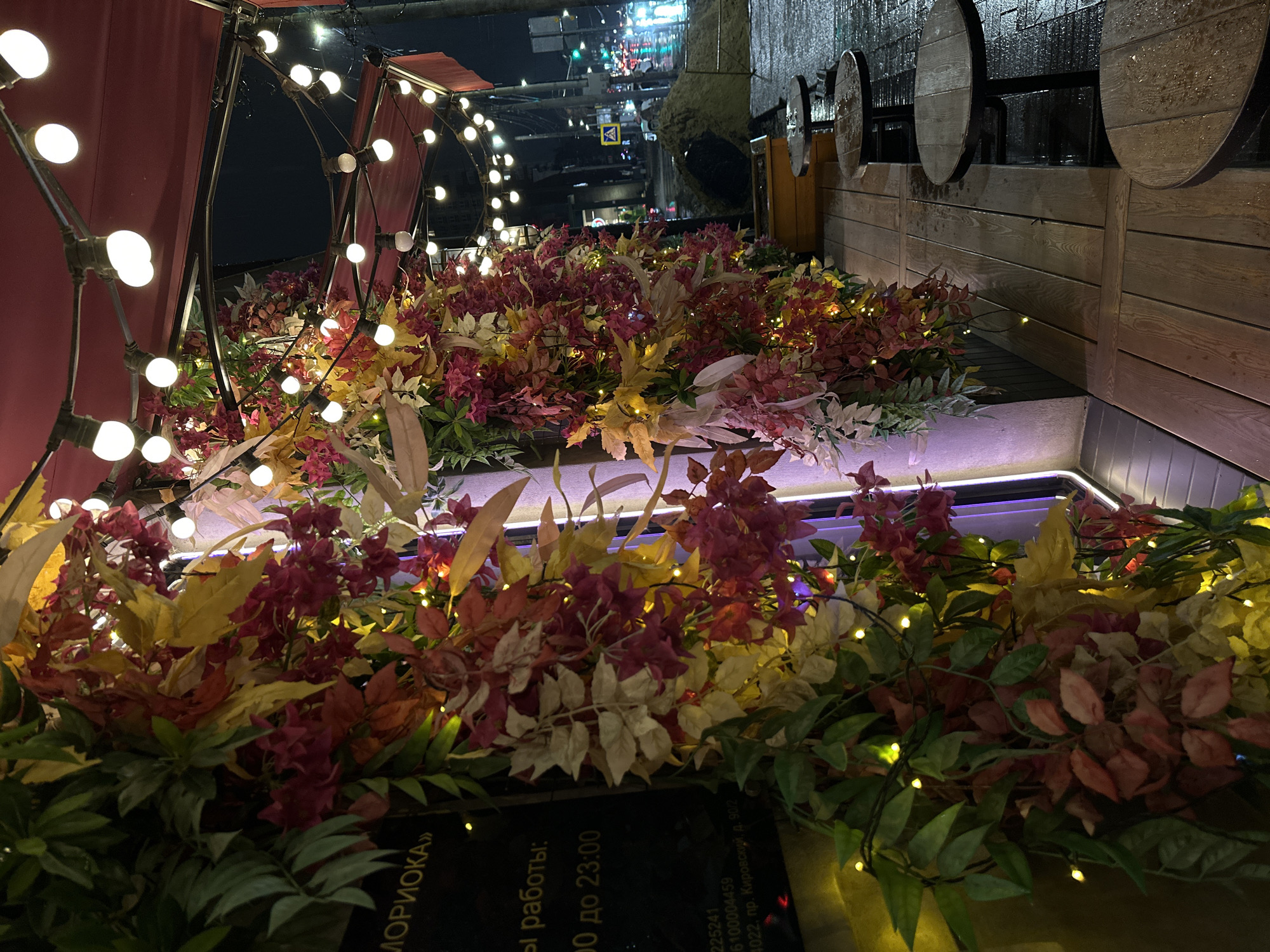 The image shows a dimly lit, urban outdoor area, potentially in Unknown, Unknown. In the foreground, there is an arrangement of autumn-colored foliage, with a mix of red, yellow, and green leaves, suggesting an artificial or decorative display. These plants are interspersed with small, warm-toned string lights, which add to the ambient lighting.
To the left, there's a partial view of a light installation with globe-shaped bulbs, possibly part of a storefront or street decoration. The lights are mounted on a black, metal framework.
In the background, a street scene unfolds with blurred city lights. There are signs and traffic signals, hinting at a bustling urban environment.
To the right, a portion of a wooden wall is visible, adorned with what appear to be barrel-shaped decorations or accents, contributing to a rustic or themed aesthetic.
The image composition creates a sense of depth, with the illuminated foreground drawing the eye into the more distant and abstract city lights. The focus is on the decorative display and the atmospheric urban setting.