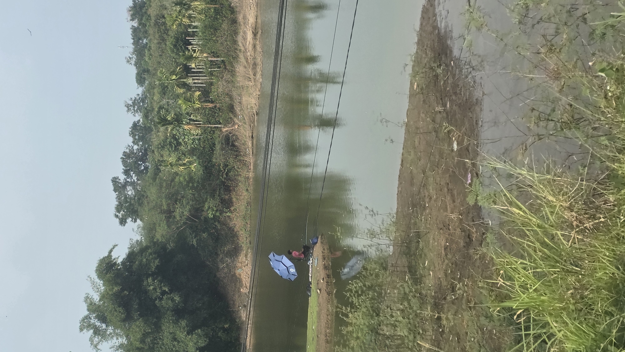 The image depicts a scene near a body of water, likely a pond or lake, in Xuân Long, Vietnam. Lush vegetation lines the banks, including trees and tall grasses. In the center of the image, near the water's edge, is an individual sitting under a blue umbrella. Electrical power lines are strung overhead, reflecting in the water. The sky is overcast, and the light is diffused. The water appears still and reflects the surrounding environment. The ground appears to be muddy and overgrown.