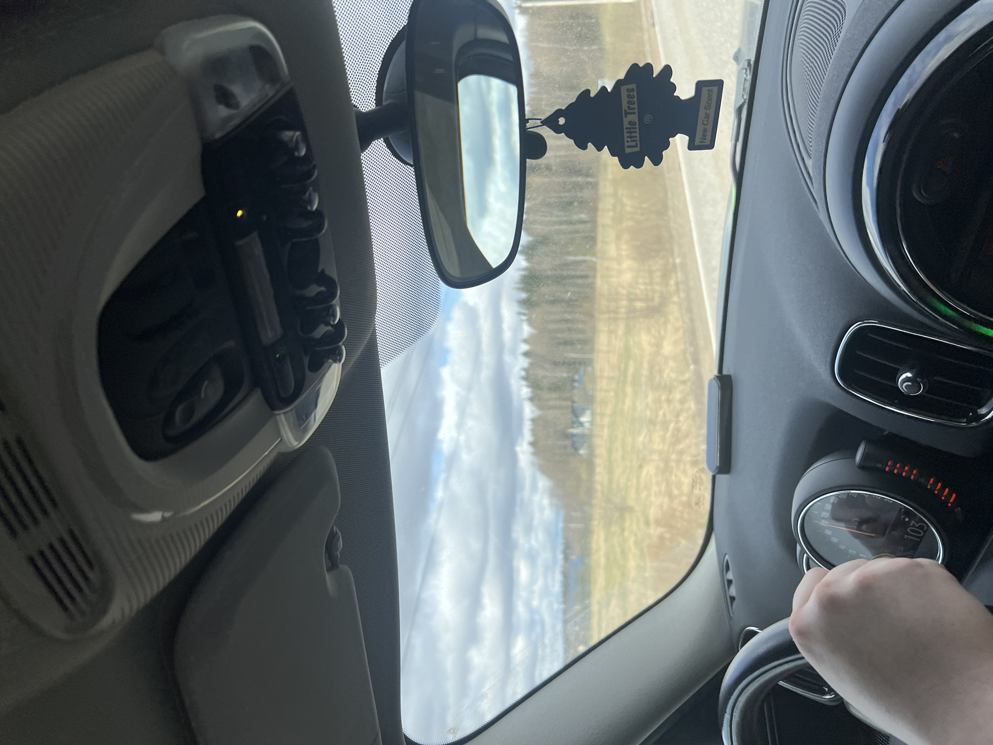 The image depicts the interior of a car, likely a Mini Cooper, from the driver's perspective. The view through the windshield shows a landscape with trees and possibly a body of water, suggesting a rural or semi-rural setting. A "Little Trees" air freshener hangs from the rearview mirror. The driver's hand is visible on the steering wheel. The dashboard features circular gauges and other interior elements characteristic of the Mini Cooper design. There is no evidence to support the location being in the city of Nagornoe, Russia.