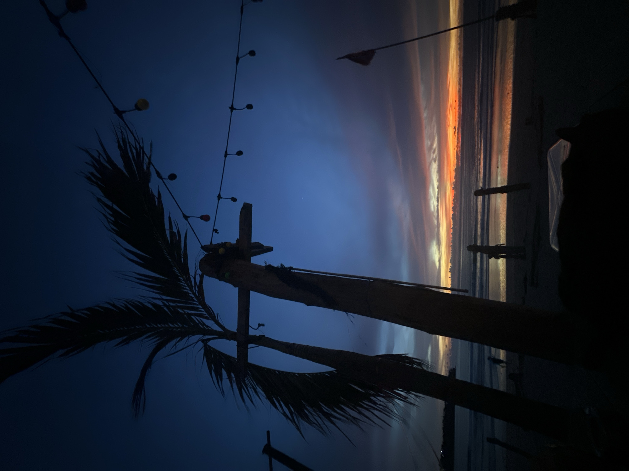 A silhouette of palm trees is in the foreground against a twilight sky and ocean. The sky is a deep blue with hues of orange, pink, and purple near the horizon, indicating the sunset. String lights with several bulbs are strung across the upper portion of the image. The ocean has gentle waves, and the wet sand of the beach reflects the colors of the sky. Silhouettes of a few people can be seen on the beach, appearing to be walking. A flag on a pole is visible on the right side of the frame. The overall scene is serene and captures the transition from day to night at a beach location.