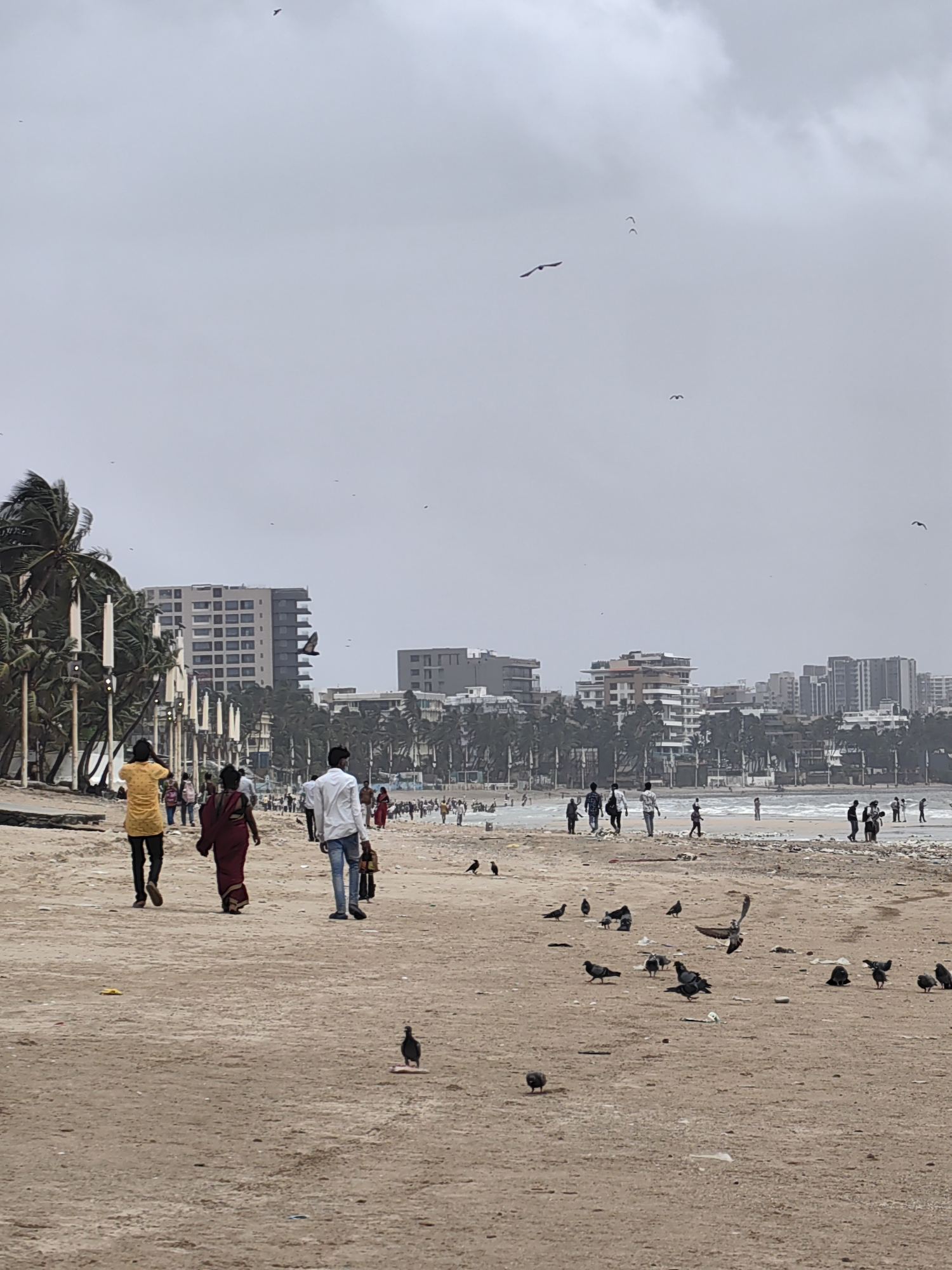 This is a medium shot of a beach in Mumbai, India, likely Marine Drive, on an overcast day. The sand is a light brown color, littered with some debris, including plastic bags and wrappers. In the foreground, three people are walking away from the camera towards the water. The person on the left wears a bright yellow shirt and black pants, while the person in the middle wears a dark red saree. The person on the right wears a white shirt and blue jeans, carrying a small bag.
Further down the beach, a crowd of people are visible, some walking along the shoreline and others near the water. Palm trees line the edge of the beach, with several tall, modern buildings visible in the background, characteristic of Mumbai's skyline. The sky is a uniform grey, with a few birds flying in the distance. Several pigeons are scattered across the sand, some pecking at the ground. The waves on the sea are moderate, suggesting a calm but not entirely still ocean. The overall atmosphere appears to be one of a public space where people are enjoying a walk by the sea despite the cloudy weather.