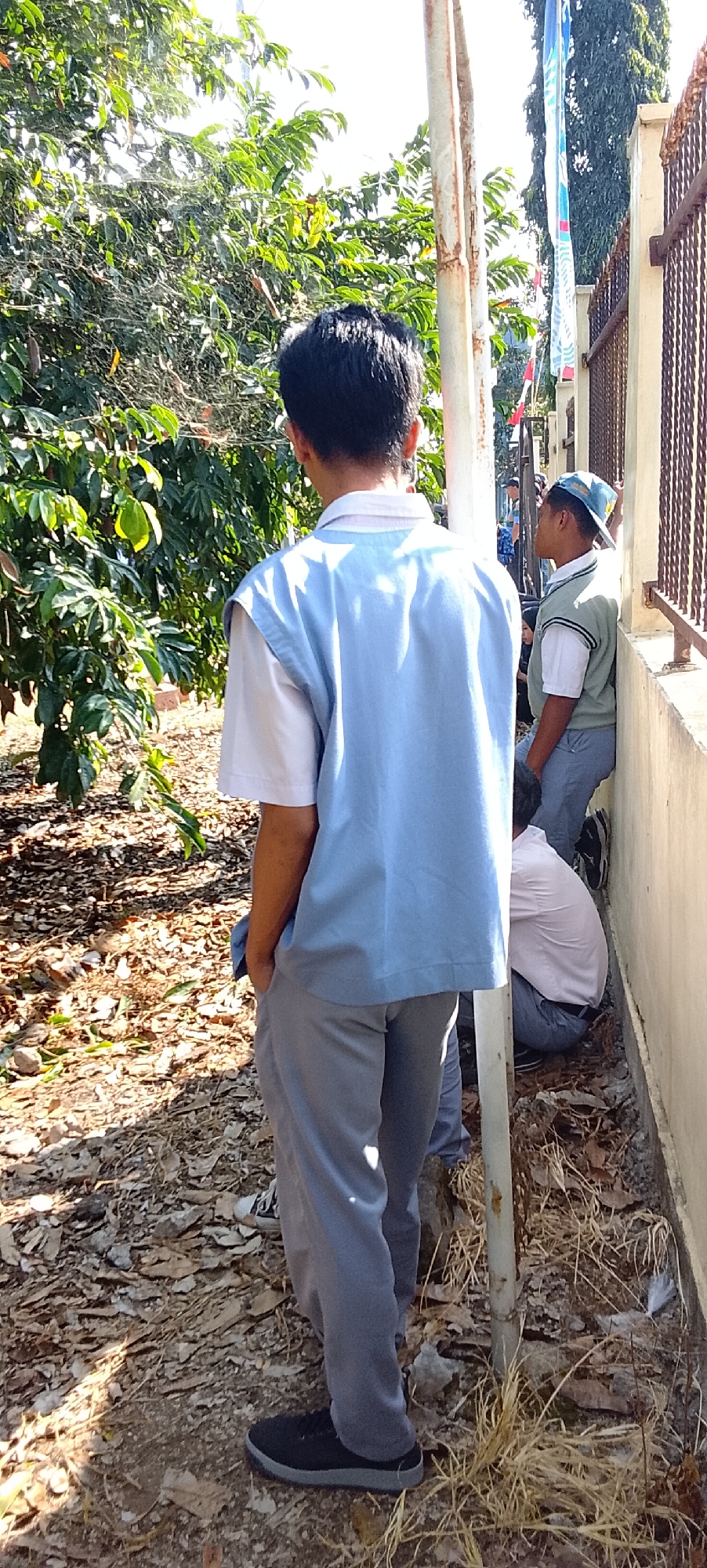 A full-shot medium-angle photo captures a sunny outdoor scene with several young people in school uniforms. The primary subject, facing away from the camera, is a male in a light blue vest over a white collared shirt and gray pants, standing on a dirt path with scattered dry leaves and some vegetation. To his right, a thin metal pole stands vertically. Further to the right, a beige-colored wall runs parallel to a brown metal fence. Leaning against the wall, another male in a green vest over a white shirt and gray pants, wearing a blue baseball cap, looks to his right. Partially visible between them, a third individual is crouched down, wearing a light pink shirt and gray pants. In the background, lush green trees are visible, and several flags with blue, white, and red colors are attached to poles behind the fence. The location is identified as Tanjung Setia, Indonesia.
