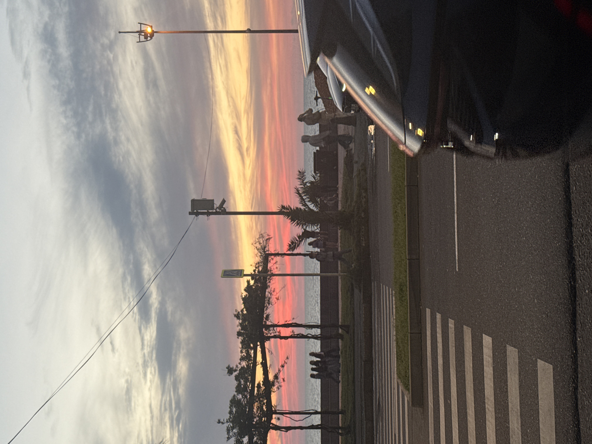 The image depicts a seaside view in Batumi, Georgia, taken from the perspective of a vehicle on the road. The sky is colored with sunset hues of orange, pink, and gray. A row of palm trees and other trees lines the coast, with people visible on the promenade. The road is marked with a crosswalk. A street lamp and utility pole stand on the side of the road. In the upper right of the frame is the dark outline of the vehicle's side. A monument is visible on the promenade.