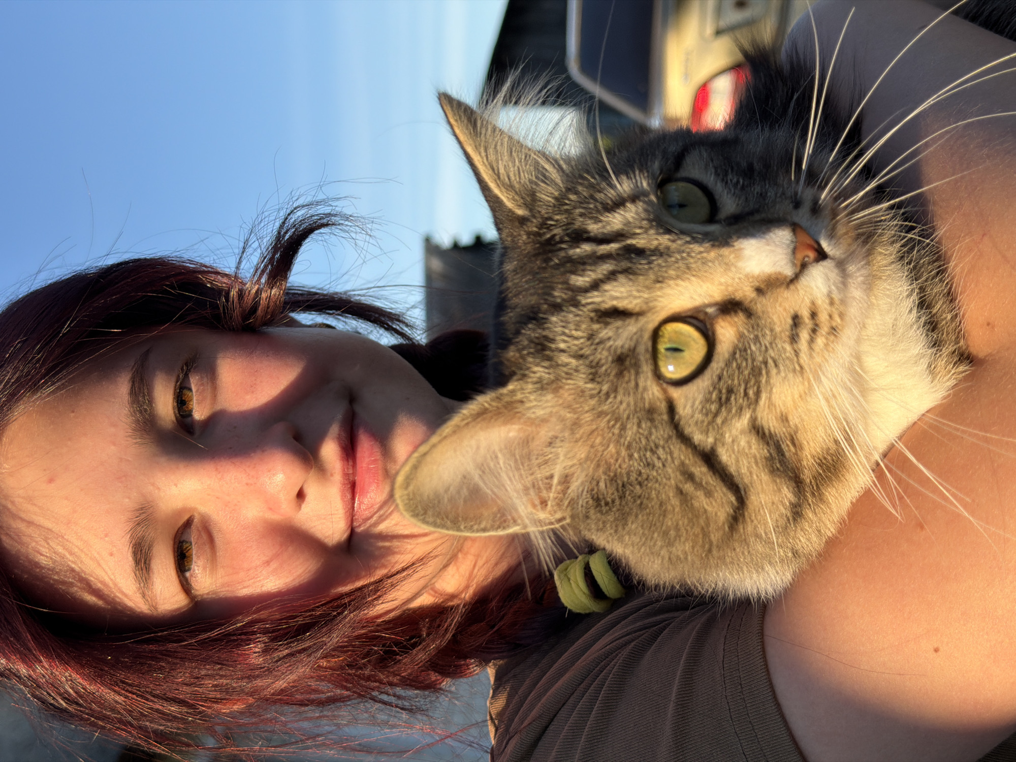 A young woman is holding a tabby cat close to her chest. The woman has auburn hair and is facing the camera with a slight smile. The cat has green eyes and a yellow collar. The background is blurred, but it appears to be a city street on a sunny day. Гаревая, Russia is not discernable from the image.