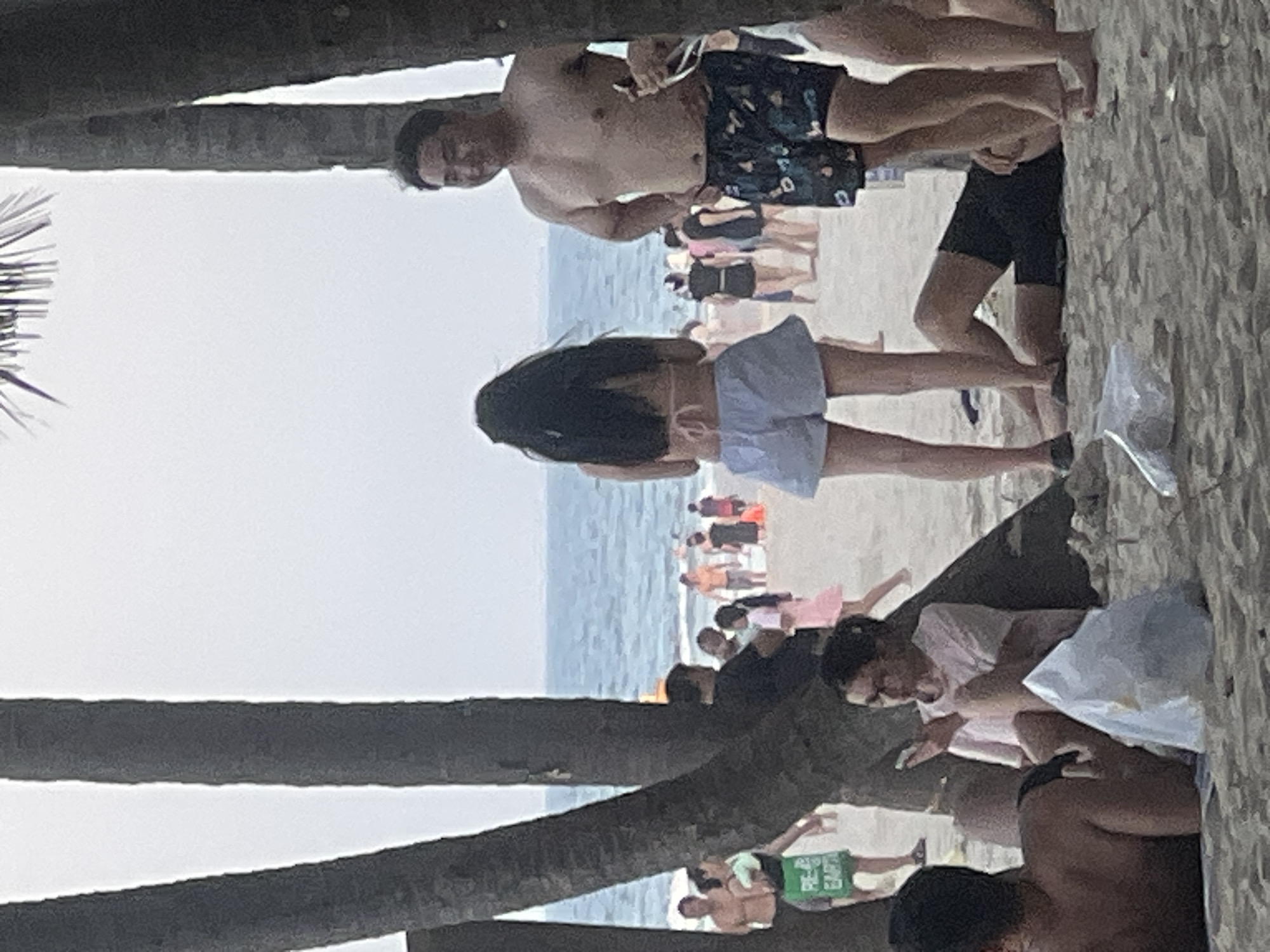 The image depicts a beach scene in Da Nang, Vietnam. In the foreground, several individuals are present on the sand, with palm trees partially obscuring the view. To the left, a person is seated, looking at their phone, with a white plastic bag in front of them. Further back, a woman with long dark hair is standing, wearing a bikini top and light blue shorts. To her right, a man in dark patterned swim trunks is also standing. In the background, other beachgoers are visible near the water, with the ocean and sky forming the backdrop. The scene suggests a casual day at the beach.