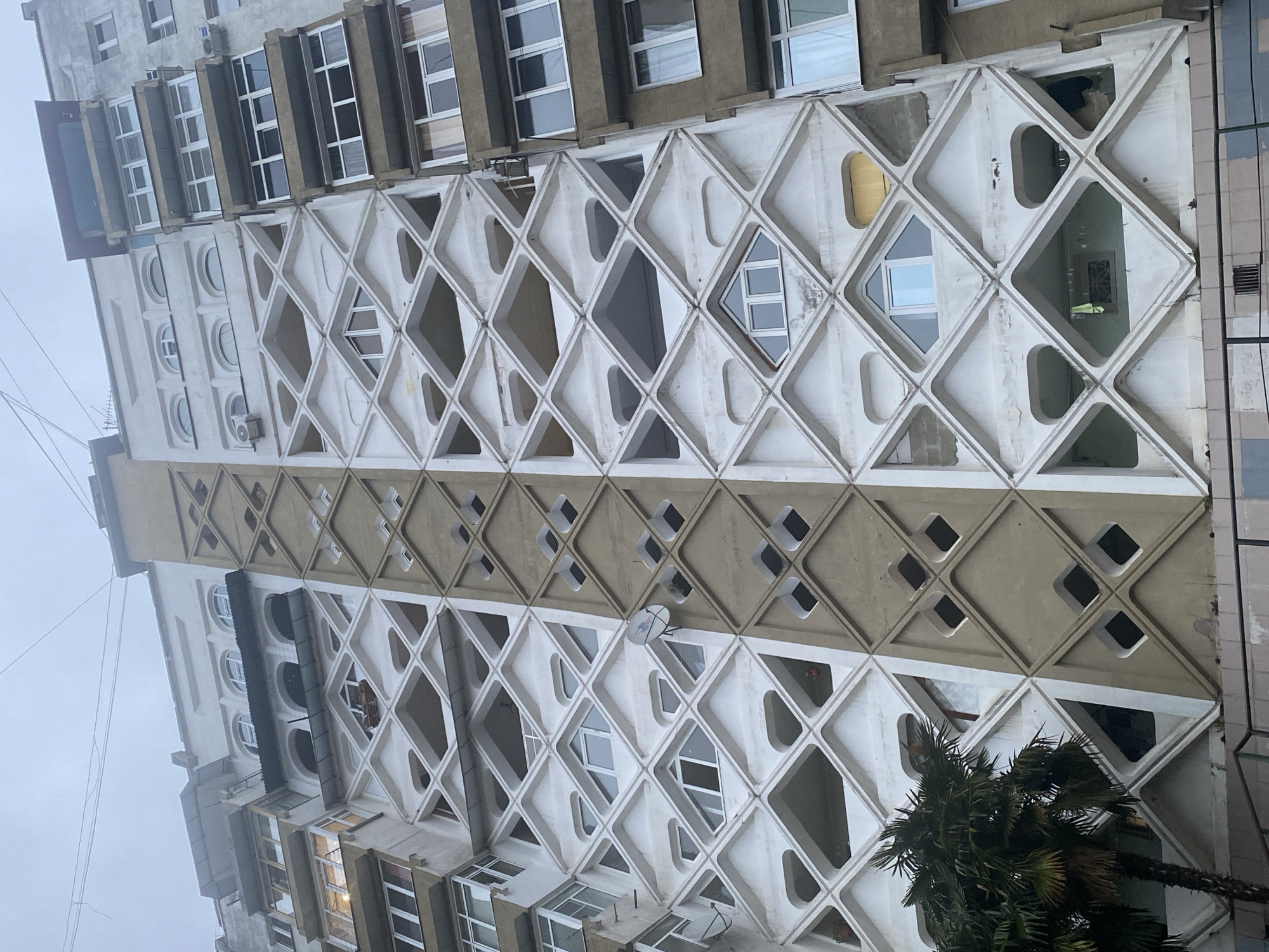 The image shows a tall building in Sochi, Russia, characterized by a repeating diamond-shaped facade. The facade is predominantly white, with a central band of gray diamonds. Some of the diamond shapes contain windows, while others are open or filled with various objects. In the lower right corner, a palm tree is visible. The sky is overcast and the overall light is muted. The building's architectural style appears to be a blend of modern and brutalist design.