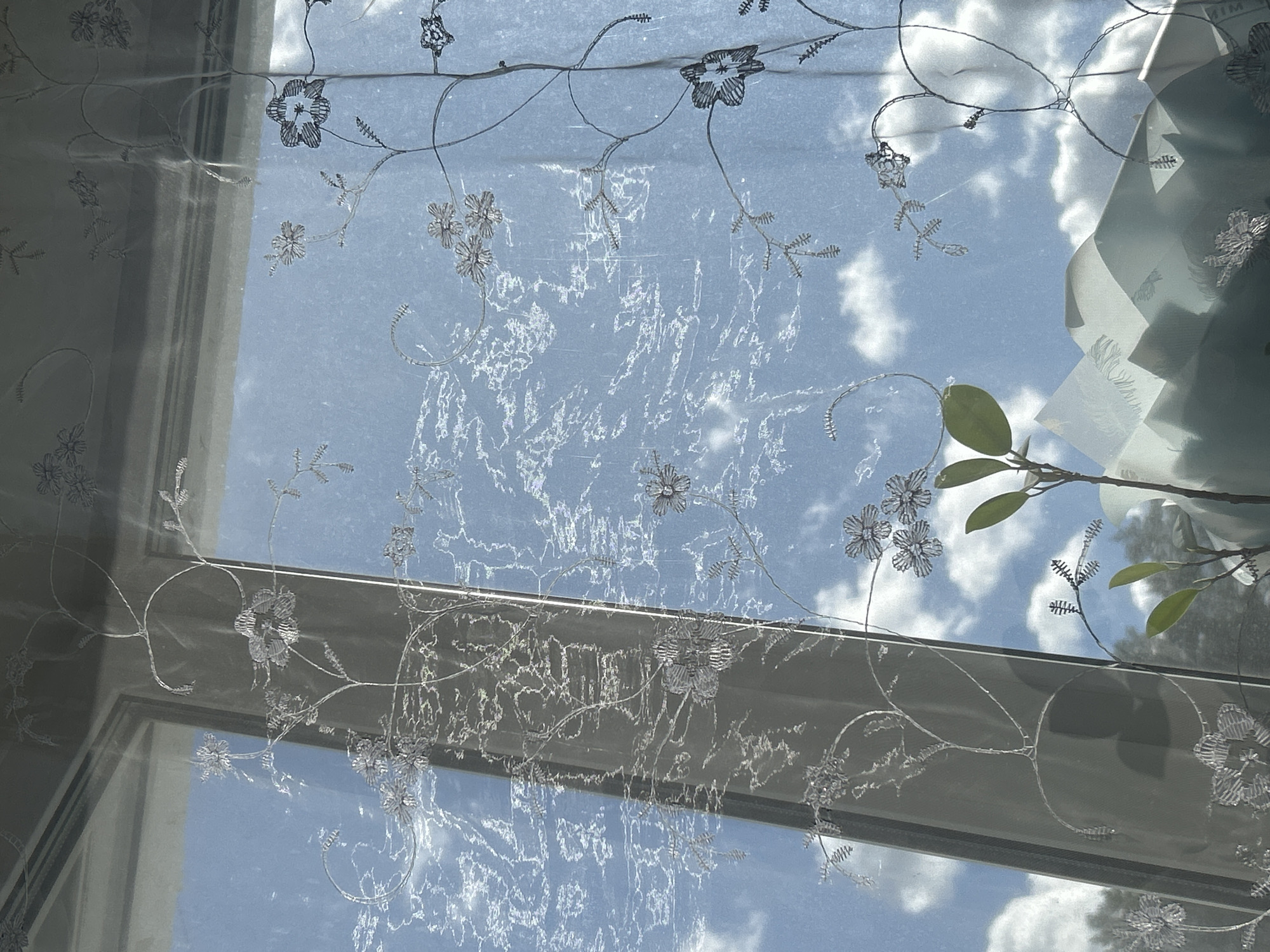 The image shows a view through a window with a decorative floral-patterned curtain. Outside, a blue sky with scattered white clouds is visible. A portion of a green plant is present on the right side of the frame. The window frame is visible along the edges. The location in the city of Chaikovsky, Russia is not discernible from the image.