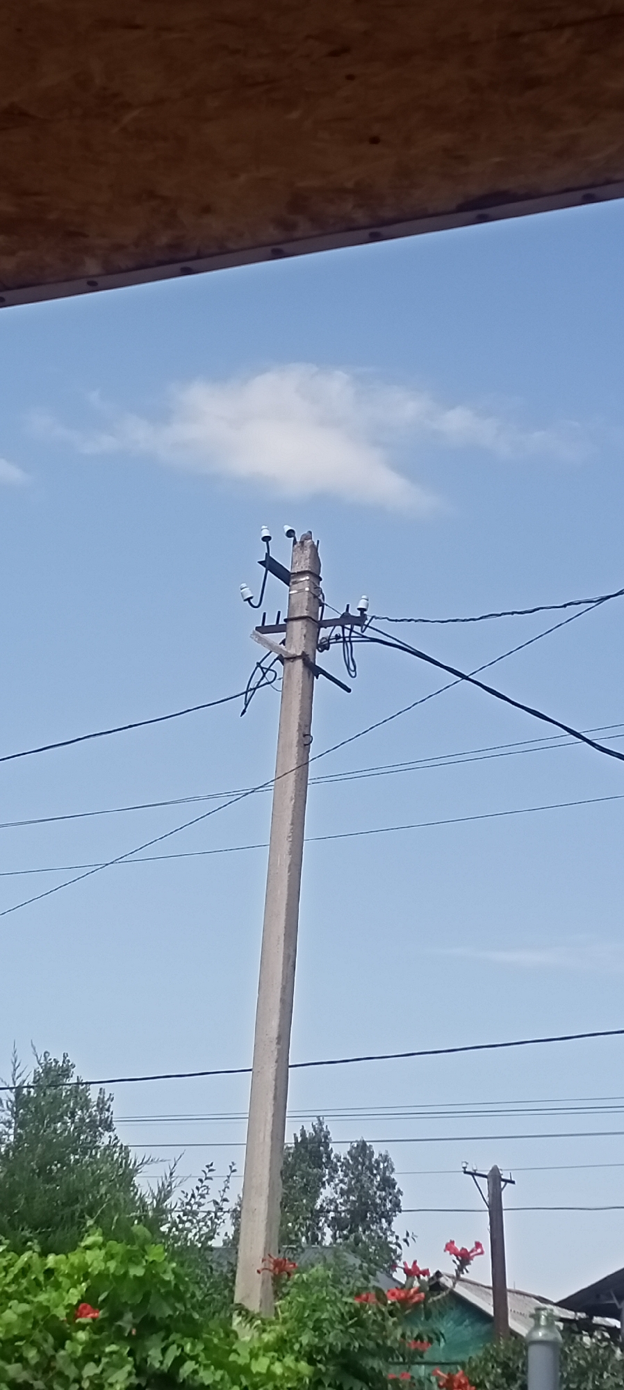 A concrete utility pole stands against a light blue sky with scattered white clouds. The pole has several ceramic insulators and is supporting electrical wires. To the left of the pole, lush green foliage with red flowers is visible. In the background, trees and the roof of a building can be seen. A smaller utility pole is also present to the right. The scene is set in Sokuluk, Kyrgyzstan.