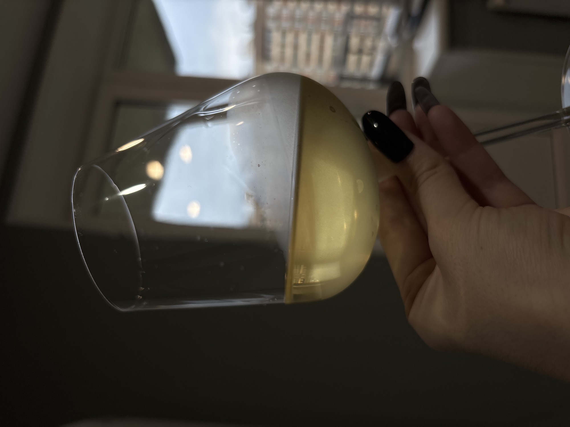 A person's hand with long, dark fingernails holds a wine glass partially filled with a yellowish liquid. The glass is positioned against a blurred background that suggests a window and possibly a building exterior. The scene appears indoors, with the lighting creating a distinct line between the clear and liquid-filled sections of the glass.