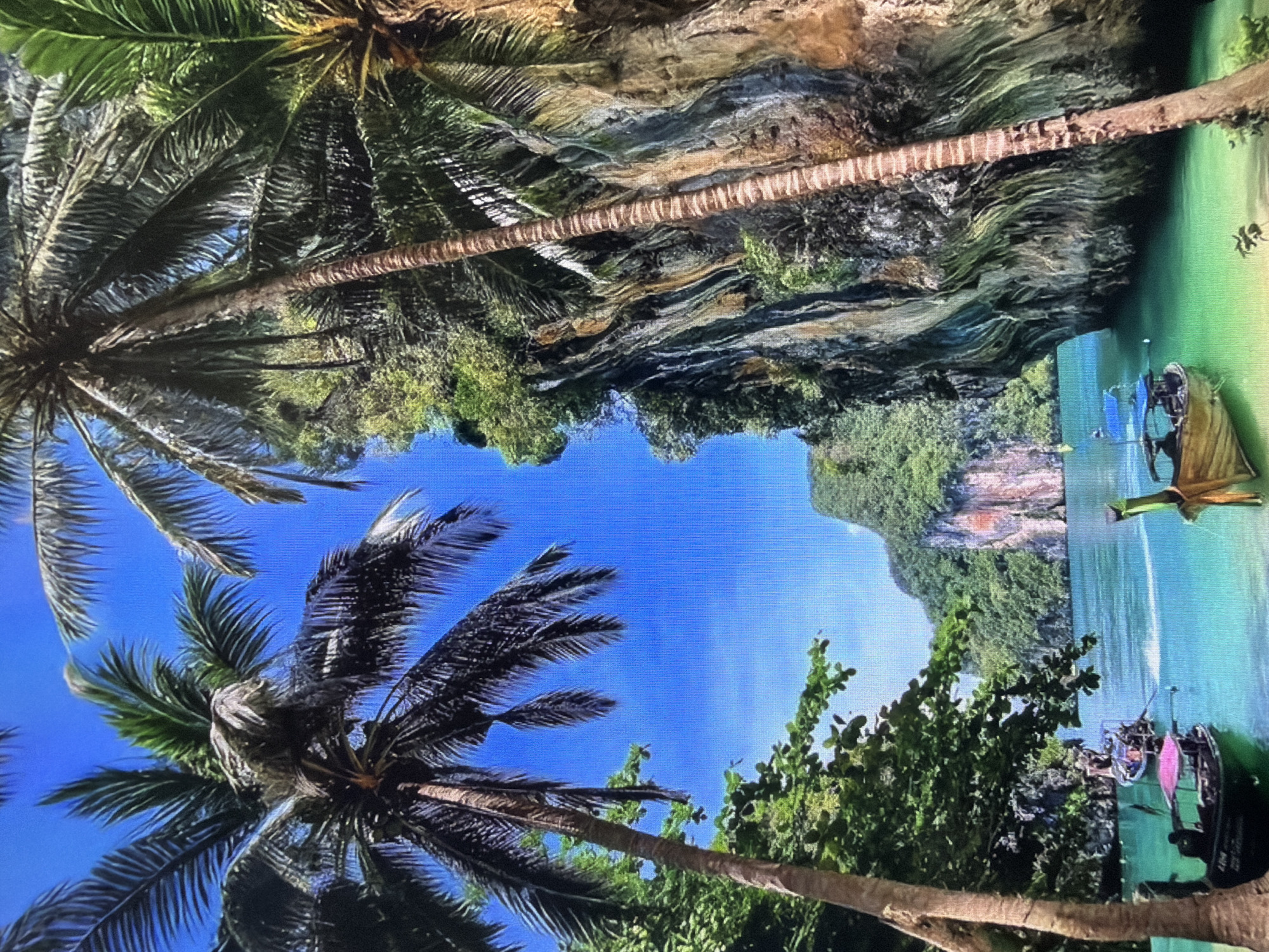 The image captures a vibrant tropical coastal landscape, dominated by lush vegetation, towering limestone cliffs, and serene turquoise waters under a clear blue sky. In the foreground, several large palm trees frame the scene from the left and bottom, their detailed fronds and sturdy trunks contributing to a tropical ambiance.
The mid-ground reveals a tranquil body of water, likely an ocean bay or lagoon, exhibiting striking shades of blue and green. Scattered across the water, particularly towards the right side, are several traditional longtail boats, common in Southeast Asian coastal regions. These boats feature distinctive long engines and some display colorful details. Small, indistinct figures can be vaguely seen in some of these boats, suggesting human presence engaged in leisure or transport.
The background is dominated by majestic, steep limestone cliffs or karsts, densely covered with rich green foliage. The rock faces of these cliffs show varied textures and hues of gray, brown, and green, indicative of tropical erosion and vegetation. More distant islands or cliff formations can be seen receding into the background. The sky above is a bright and clear blue, suggesting a sunny day with excellent visibility.
The scene evokes a sense of peace and natural beauty, typical of popular island destinations in Southeast Asia, specifically hinting at locations like those in Thailand due to the characteristic longtail boats and karst formations. The time of day appears to be bright daylight, likely morning or afternoon, with clear weather. No discernable text is visible within the image.
