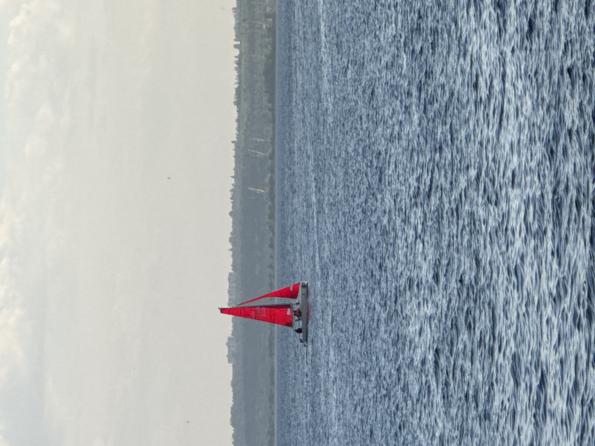 A red-sailed sailboat is visible on the Volga River in Saratov, Russia. The sailboat has a white hull and appears to be a catamaran, with multiple people on board. The river is calm with small ripples on the surface. In the background, a tree-lined shore with some buildings is visible, suggesting the edge of the city. The sky is overcast with pale clouds.