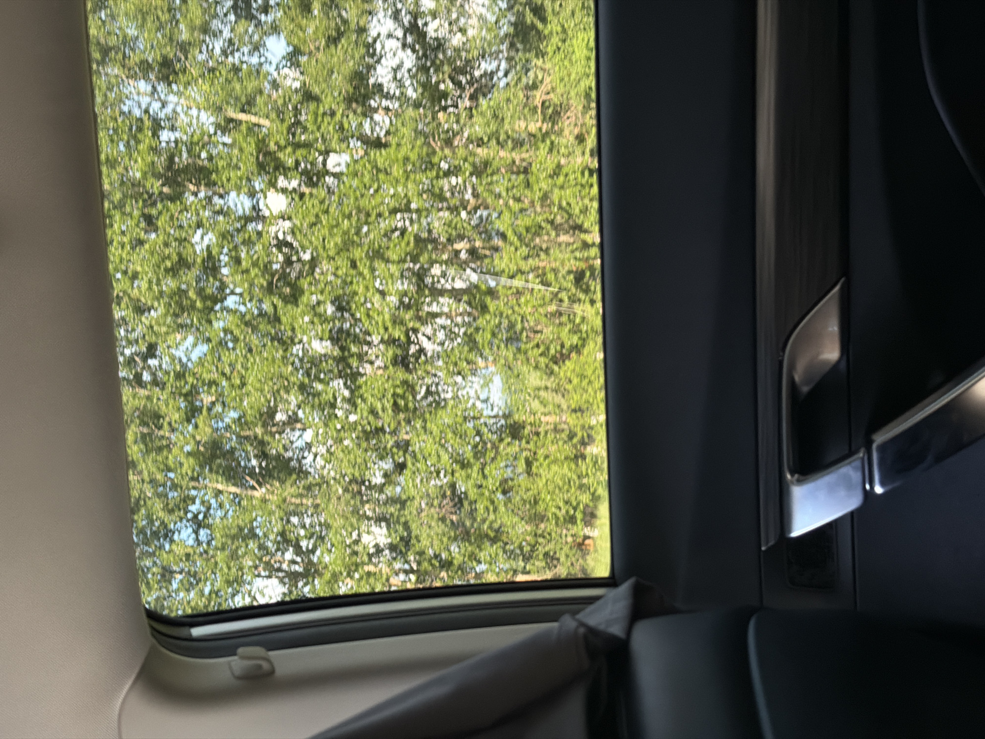 The image presents a view from inside a vehicle, looking upwards through a large window, likely a panoramic roof or sunroof. The primary subject outside the vehicle is a dense canopy of lush green trees, suggesting a forested or wooded environment. Patches of bright blue sky are visible through the leaves, indicating daytime with clear or partly cloudy weather.

Inside the vehicle, the left side of the frame shows a light-colored interior trim or headliner. The right side features darker interior elements, including a door panel or pillar with a prominent silver or chrome door handle. The bottom edge of the window frame is visible, along with parts of the vehicle's interior, including dark seating or fabric and a light-colored strap or fabric, possibly a sunshade or seatbelt component.

The perspective suggests the vehicle is either stationary or moving slowly, allowing for a clear, albeit slightly motion-blurred, view of the tree canopy. No people or visible text are present in the image. The scene captures a moment of being connected with nature from within the vehicle, located in Akkuzovo, Russia.