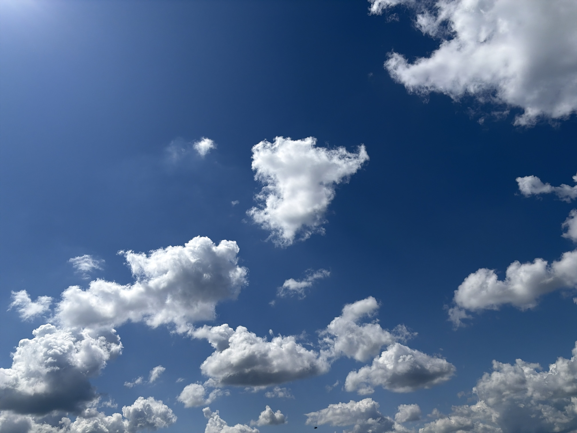 The image shows a blue sky with several white clouds of varying sizes and shapes. The clouds are scattered across the frame, with some appearing closer and more defined than others. The blue sky is visible between the clouds, and the overall lighting suggests it is daytime. The location is Unknown, Unknown.