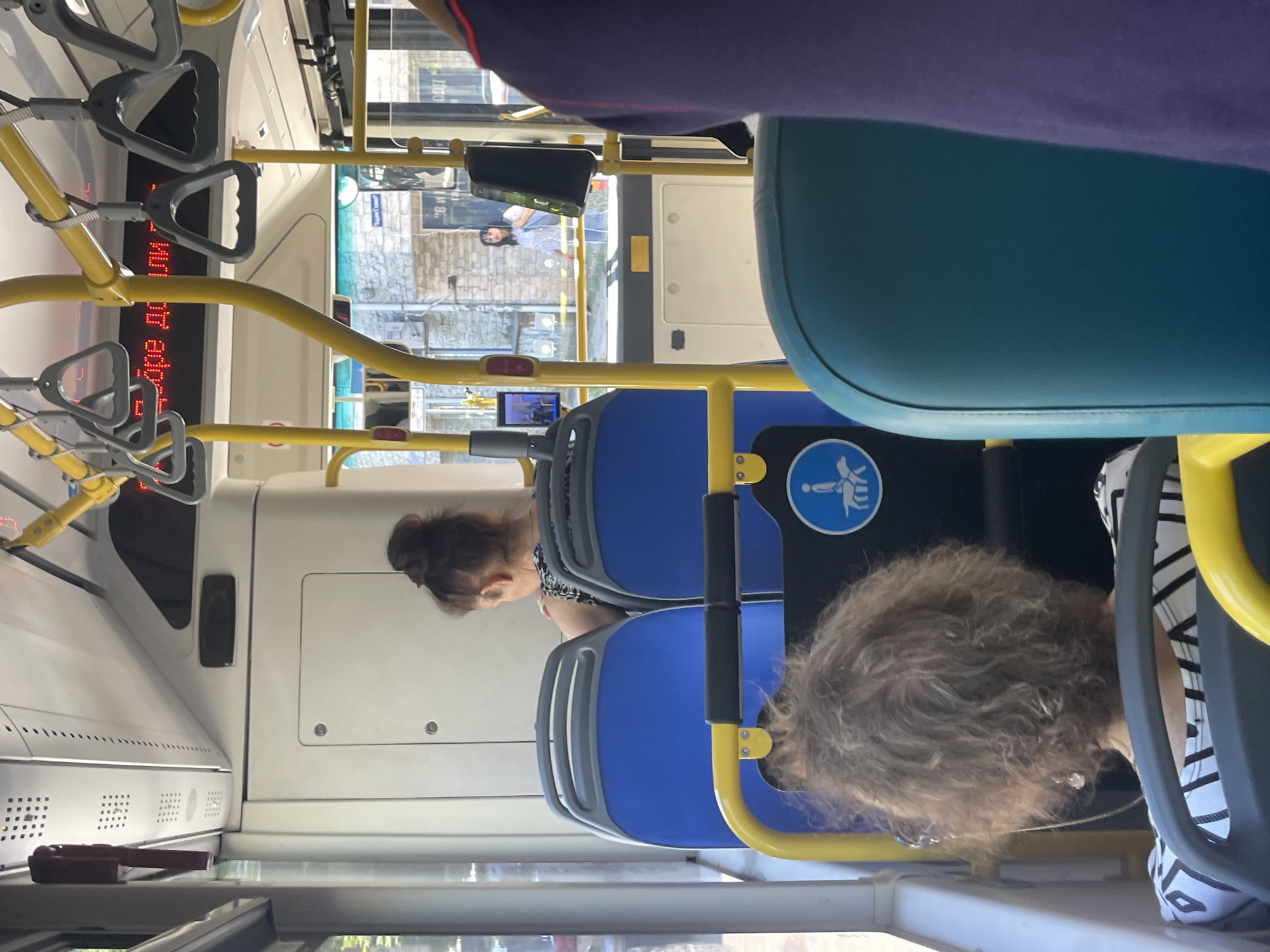 The image depicts the interior of a public bus in Varna, Bulgaria. Several passengers are visible, primarily from behind. In the foreground, a woman with curly, light brown hair is seated. She is wearing glasses and a black and white patterned top. To her right, another woman with her hair in a bun is seated, wearing a patterned top. Behind them, blue bus seats are visible. Overhead, yellow handrails and grey hand straps are present. A digital display above the seats shows red text, which is partially obscured but appears to be in Cyrillic. Further in the background, through the bus windows, glimpses of a city street with stone buildings and other pedestrians can be seen. A blue circular sign with a white pictogram of a person with a dog is affixed to the back of a seat. The overall impression is that of an ordinary bus commute in Varna.