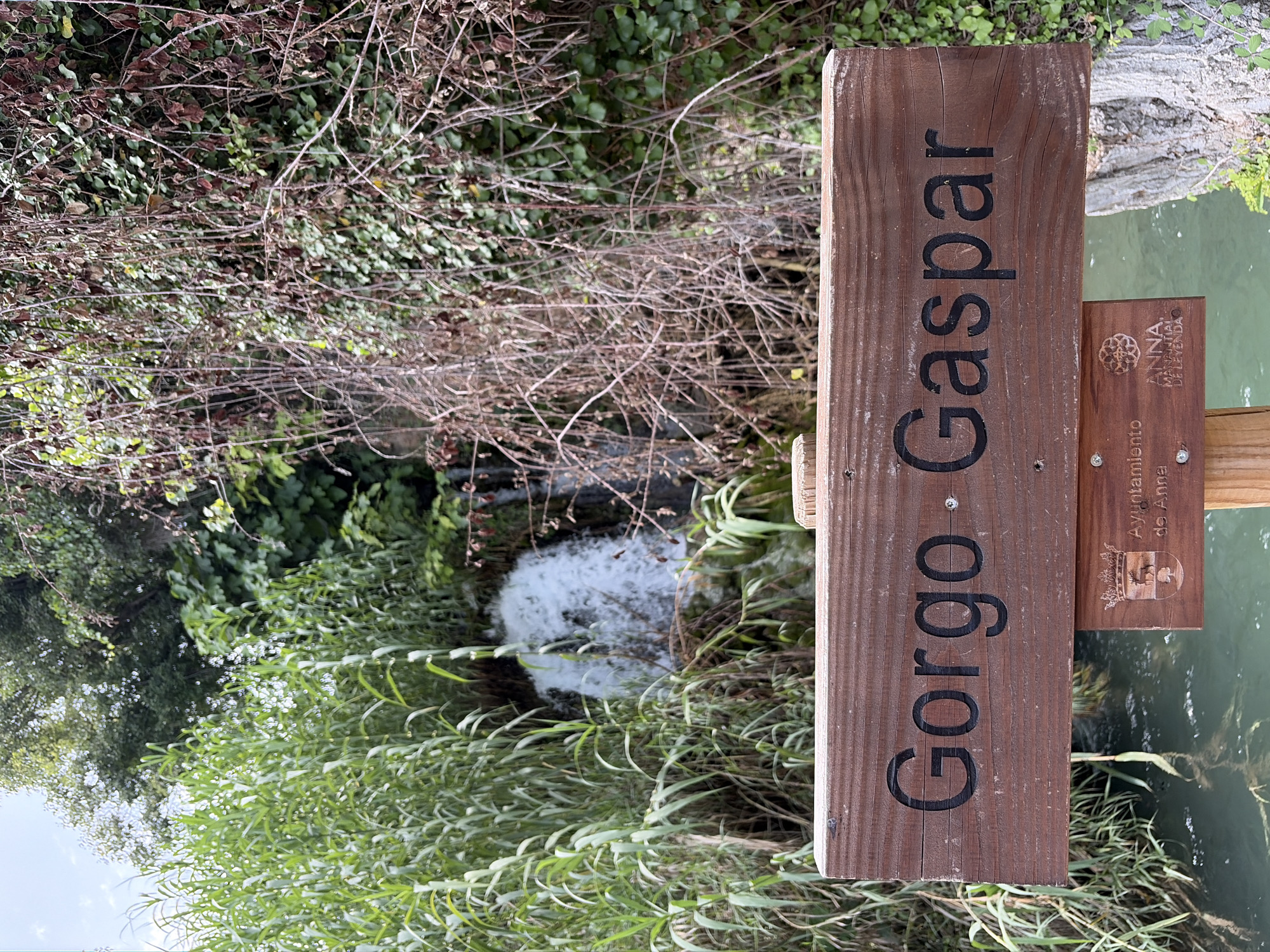 The image shows a wooden sign with the text "Gorgo Gaspar" carved into it, in the town of Anna, Spain. Below this sign, there is another smaller wooden sign with a crest and the text "Ayuntamiento de Anna" and "ANNA. MANANTIAL DE LEYENDA". The signs are placed in front of a natural landscape featuring a waterfall, lush green vegetation, and a body of water. The overall scene depicts an outdoor setting, likely a tourist or recreational area.