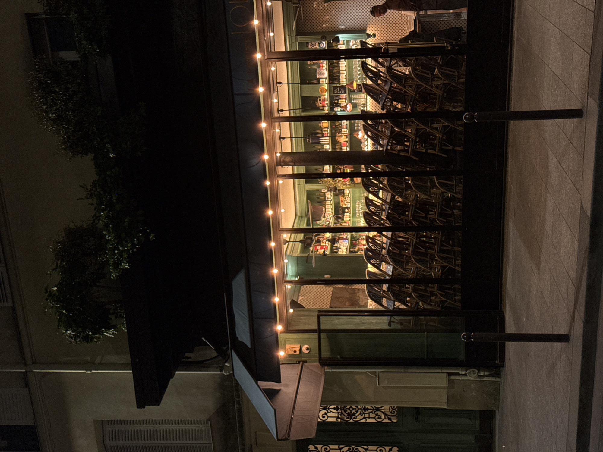 A nighttime photograph shows an establishment in Paris, France.
The scene captures the storefront of a restaurant or café, distinguished by a row of illuminated bulbs lining its canopy. The interior, visible through expansive glass windows, reveals an arrangement of tables and chairs stacked with wooden seats.
The façade of the building is adorned with dark green wooden accents and intricate ironwork details near the entrance. An awning extends over the storefront, casting a shadow.
To the left of the building, foliage adds a natural element to the urban setting. The exterior is complemented by a sidewalk, with streetlights providing a warm glow on the ground.