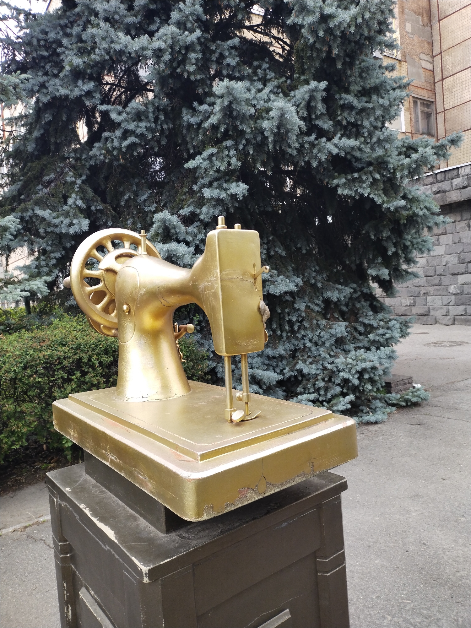 In the city of Horishni Plavni, Ukraine, a golden sculpture of a sewing machine stands outdoors on a dark pedestal. The sculpture is positioned in front of a large, dense evergreen tree with blue-green needles and a brick building in the background. The ground around the sculpture is paved with asphalt. The sculpture appears to be made of metal and is weathered, with some cracks and peeling paint visible on its surface. The surrounding vegetation consists of bushes and the evergreen tree. The lighting suggests an overcast or diffused daylight condition.