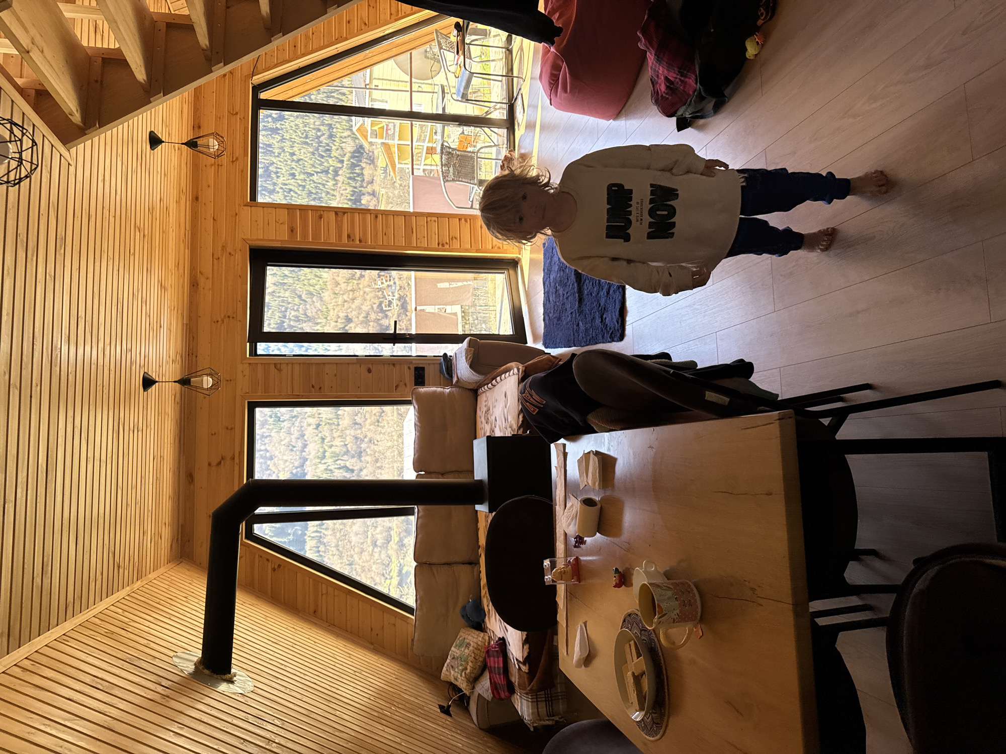 An interior shot captures a cozy, modern A-frame cabin, predominantly constructed from light-colored wood paneling on the walls and ceiling. Large, angled windows offer expansive views of a lush, green, mountainous and forested landscape, characteristic of Mestia, Georgia.
In the foreground, a young child with light hair stands barefoot on the wooden floor, looking towards the camera. They are wearing a light-colored sweatshirt with the bold text "JUMP NOW" prominently displayed. Smaller text below "JUMP" reads "STRONGER" and "WE'RE ALL...", and below "NOW" it says "NW RESIDENTS". Behind the child, a dark blue rug is visible.
To the right of the frame, a wooden dining table is set with various items including mugs, plates, a roll of paper towels, and snacks in small dishes. Part of a person, likely an adult, is visible seated or reclining behind the table, suggesting a relaxed atmosphere. A black, angular pipe, likely from a wood-burning stove, extends from the floor upwards, passing in front of one of the large windows.
Other details include multiple industrial-style light fixtures with exposed bulbs mounted on the wooden walls. A red beanbag chair is visible in the background, near another large window. The natural light streaming through the windows indicates it is daytime. The overall scene suggests a comfortable, rustic yet modern living space, integrated with its natural surroundings.