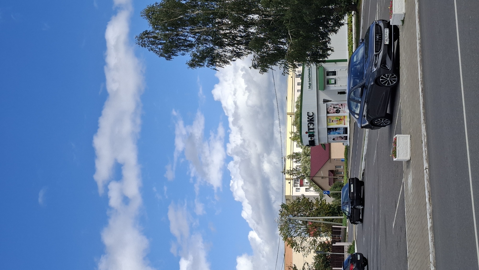 A vertical, eye-level, outdoor shot features a street scene in the city of Myadzyel, Belarus, under a bright blue sky with scattered white clouds. In the foreground, a dark gray four-door sedan with a Belarusian license plate is parked on the right side of a paved parking lot. The car has a sleek design with prominent headlights and alloy wheels. To the left of this car, a white planter box with pink flowers is visible. Beyond the parking lot, a road separates the foreground from a row of buildings.
On the left side of the image, a dark-colored car is partially visible in the distance. A black car is driving away from the camera on the road. Behind the road, there are several buildings. The most prominent of these is a low-rise commercial building with a white facade and green accents, featuring a sign with Cyrillic lettering that reads "ВІТЭКС". Advertisements for cosmetic products are displayed on the front of this building. To the left of this commercial building is a smaller, reddish-brown house with a red roof. Further back and to the left, a longer, multi-story building with a light yellow facade and numerous windows is visible. A large, leafy tree with a dark trunk stands on the right side of the image, partially obscuring the sky and buildings. The environment appears to be a typical urban setting on a clear day.