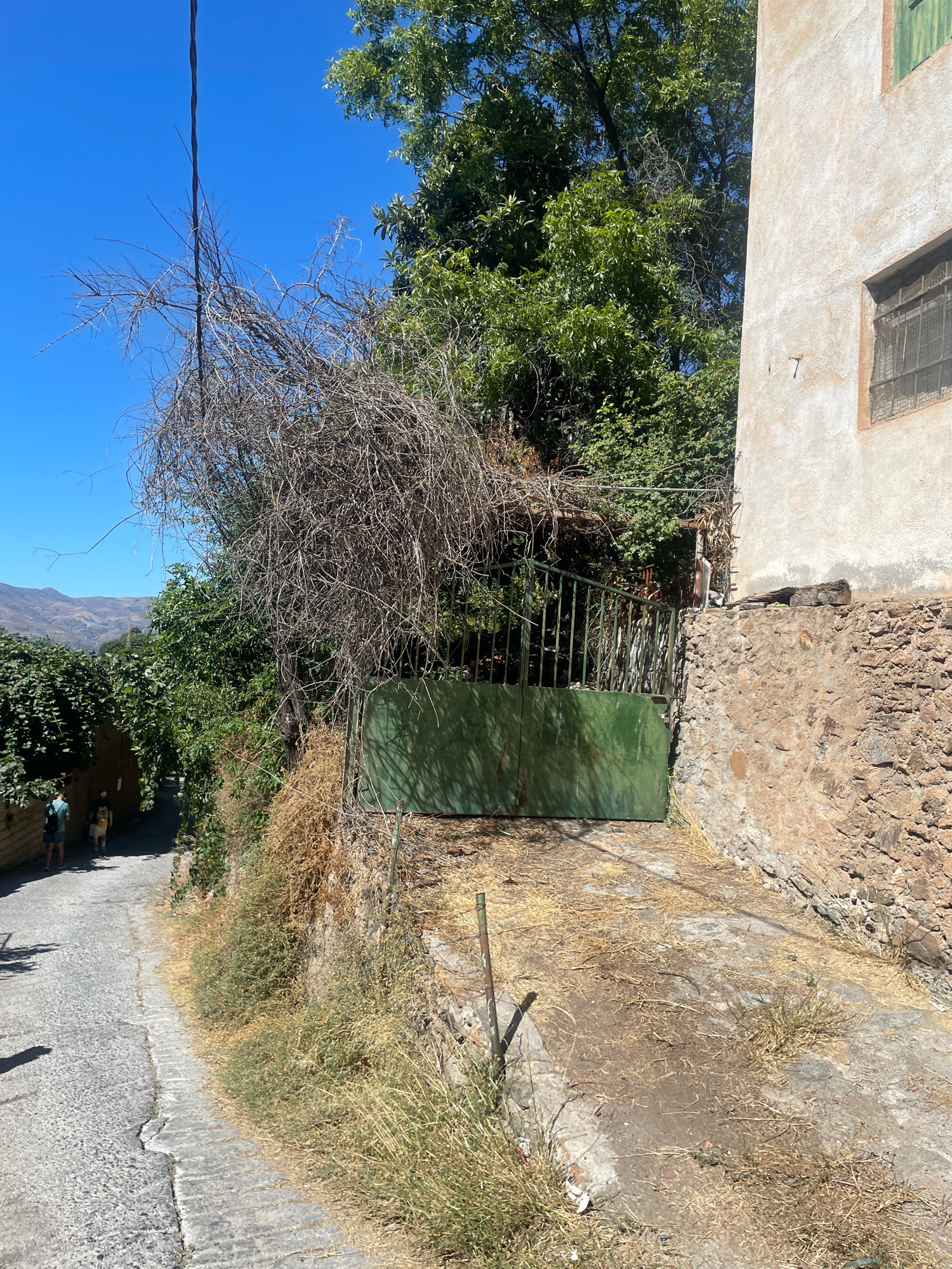 The image shows a narrow, paved street in the city of Lanjarón, Spain, under a clear blue sky. The street curves to the left and is lined with buildings and vegetation. On the right side of the street, a light-colored building with a stone foundation rises up. A green metal gate is visible, partially obscured by dry, dead branches hanging from a tree. Further up the street, two individuals, one wearing a blue top and the other a yellow top, are walking away from the camera. The terrain in the background appears mountainous and arid. The overall impression is of a rural or semi-rural street scene in a Mediterranean climate during daytime.