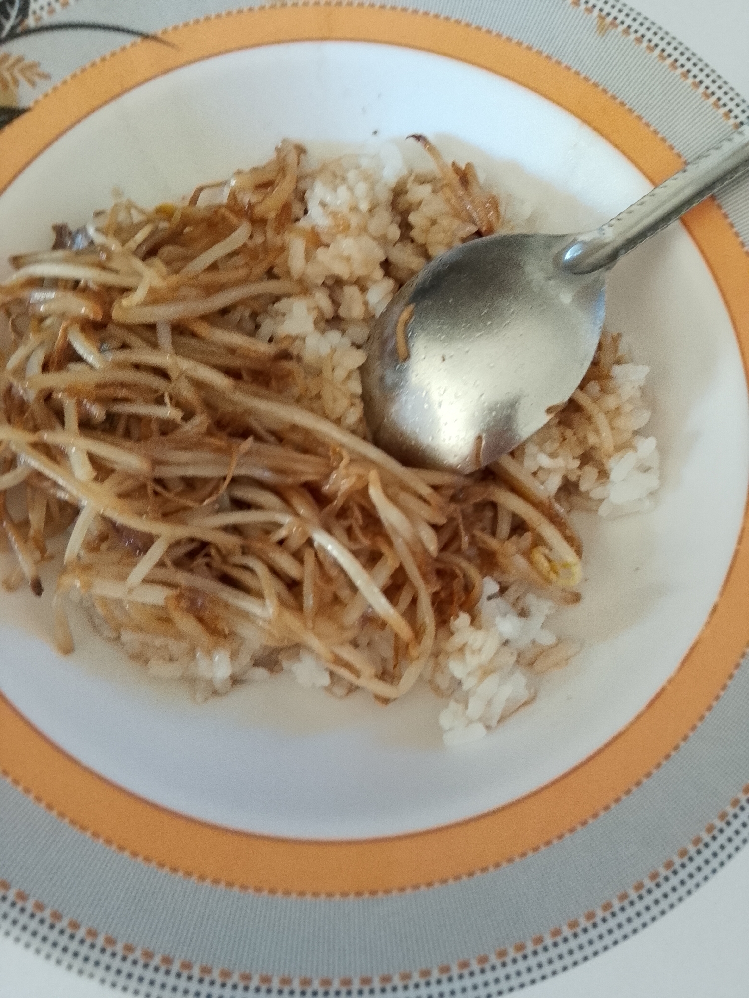 A close-up, overhead shot shows a serving of cooked rice topped with stir-fried bean sprouts on a white plate with an orange rim. A silver spoon rests on the food, partially obscuring the bean sprouts. The plate is set on a placemat with a gray and patterned design. There is no visible indication of the location in Davao City, Philippines.