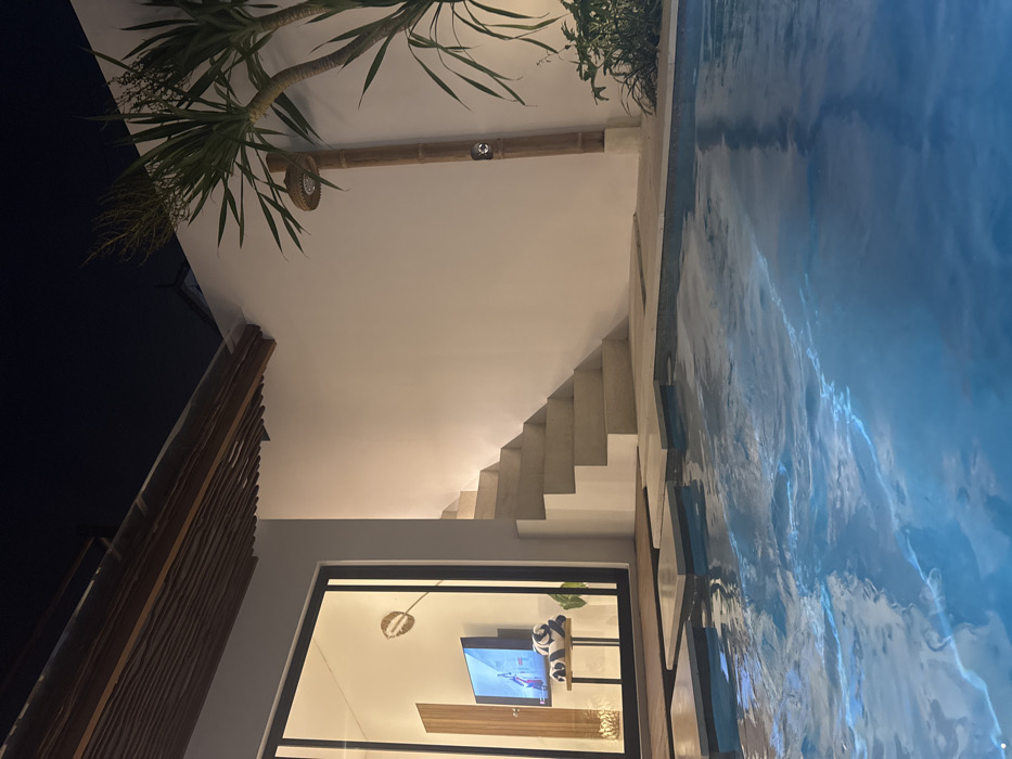 The image depicts a tranquil outdoor area of a villa or resort in Canggu, Indonesia, at night. The foreground is dominated by a bright blue swimming pool with rippling water, featuring submerged concrete stepping stones leading towards a solid concrete edge. To the left, a modern structure with large black-framed sliding glass doors reveals a brightly lit interior. Inside, a flat-screen television displays animated content, and two rolled white towels with black stripes rest on a low table beneath it. A decorative, round, woven object on a stand is also visible within the room. Above the glass doors, a slatted wooden overhang extends. To the right of the glass doors, a concrete staircase ascends against a white wall. Further to the right, a bamboo-post outdoor shower with a woven showerhead is mounted on the white wall, adjacent to a tall palm-like plant with long leaves. Smaller green foliage grows at the base of the plant. The scene is illuminated by warm artificial lighting, casting gentle glows on the walls, stairs, and pool area, under a dark, clear night sky. No individuals are present in the scene.