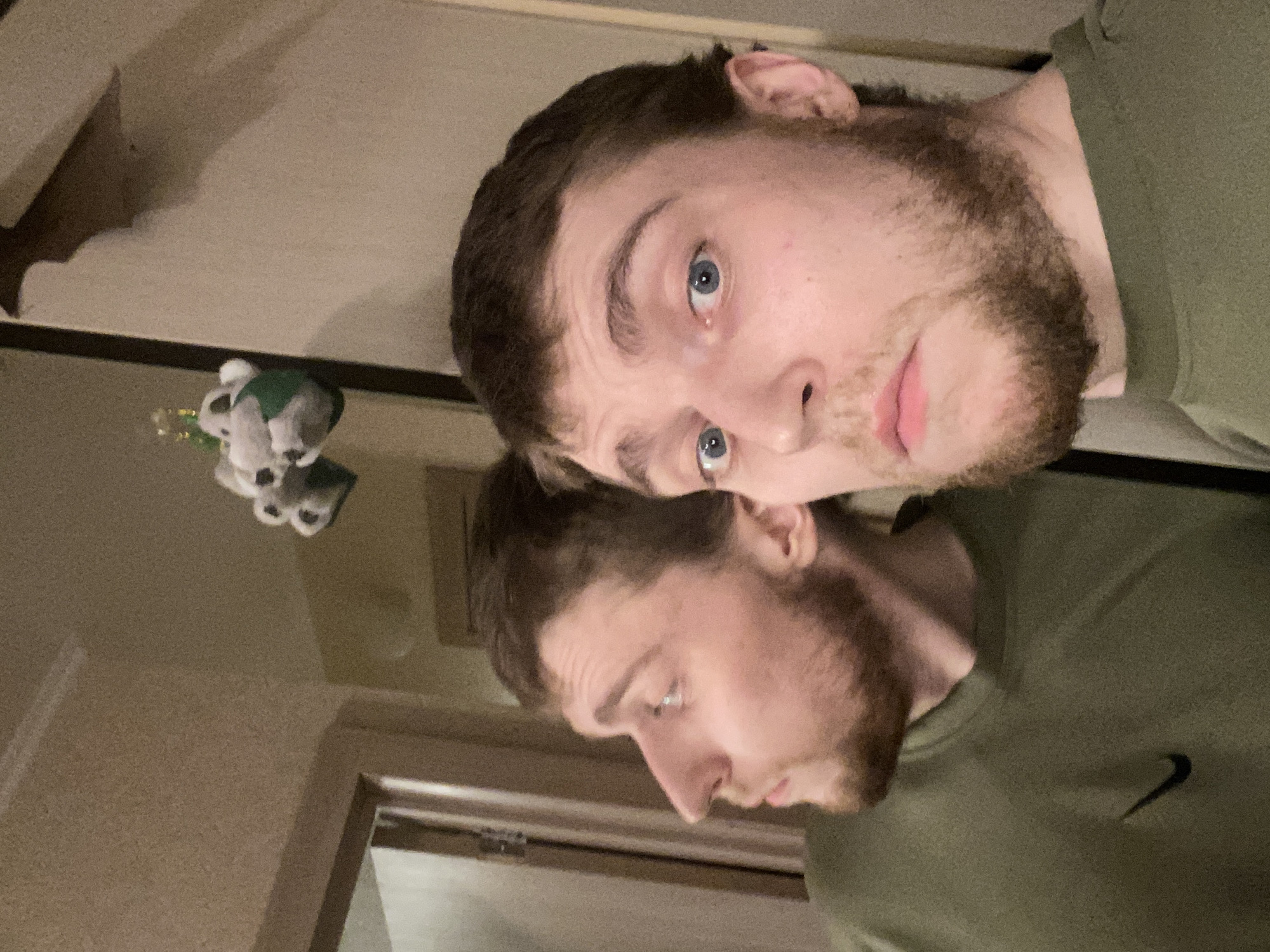 A bearded man with blue eyes is pictured in a selfie taken in front of a mirror. The man wears a green t-shirt with a Nike logo. A stuffed animal, likely a koala, rests on a shelf above the mirror. A doorway is visible in the background. The location of the photo is unknown.