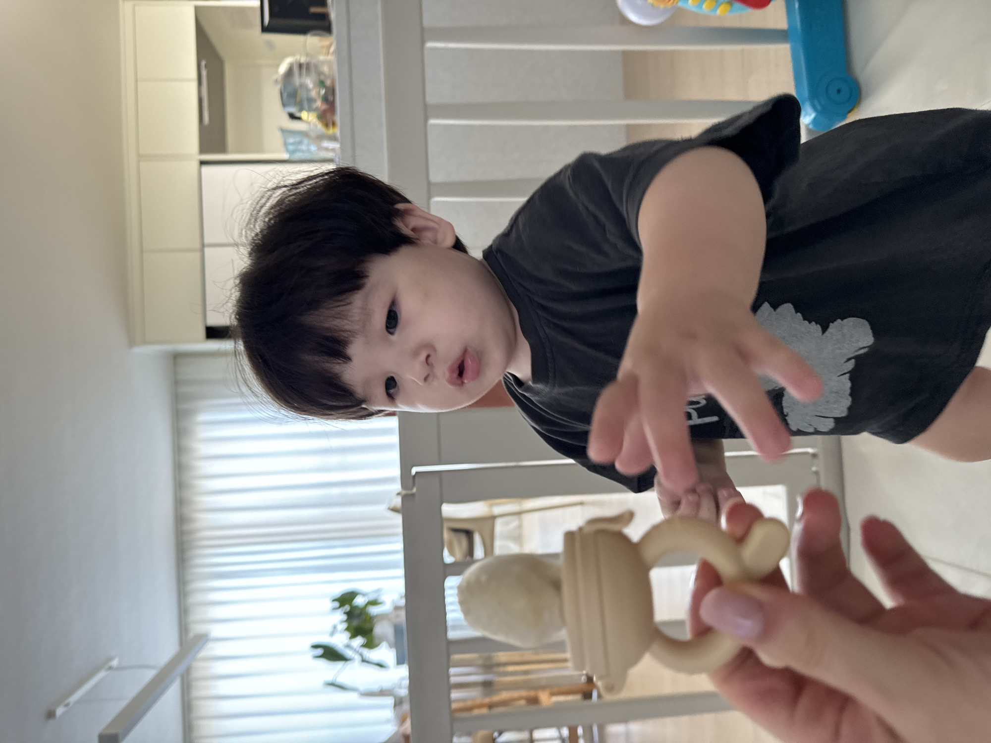 A toddler with dark hair, wearing a black t-shirt, is reaching out with their right hand towards a baby food feeder. The feeder is a light-colored pacifier-like object with a loop handle. The toddler's face is turned towards the viewer, with their mouth slightly open in an expression of curiosity or anticipation. In the foreground, a person's hand with light pink nail polish is holding the baby food feeder. The background shows a brightly lit room with white blinds on a window. A crib or playpen is visible, with white slats. Further in the background, cabinetry and part of a toy can be seen, suggesting an indoor, domestic setting. The image is shot from a slightly downward angle, with the subjects appearing to be at toddler height. The lighting suggests it is daytime. The overall mood is one of playful interaction between a child and an adult.